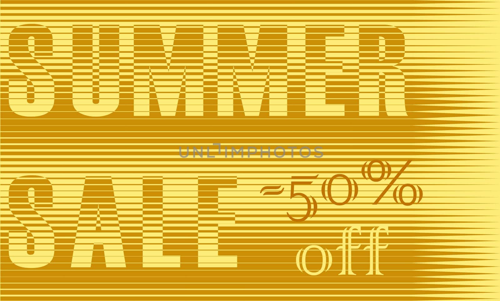 Summer Sale Inscription. Fifty percents off. Striped Yellow Letters. Illustration.