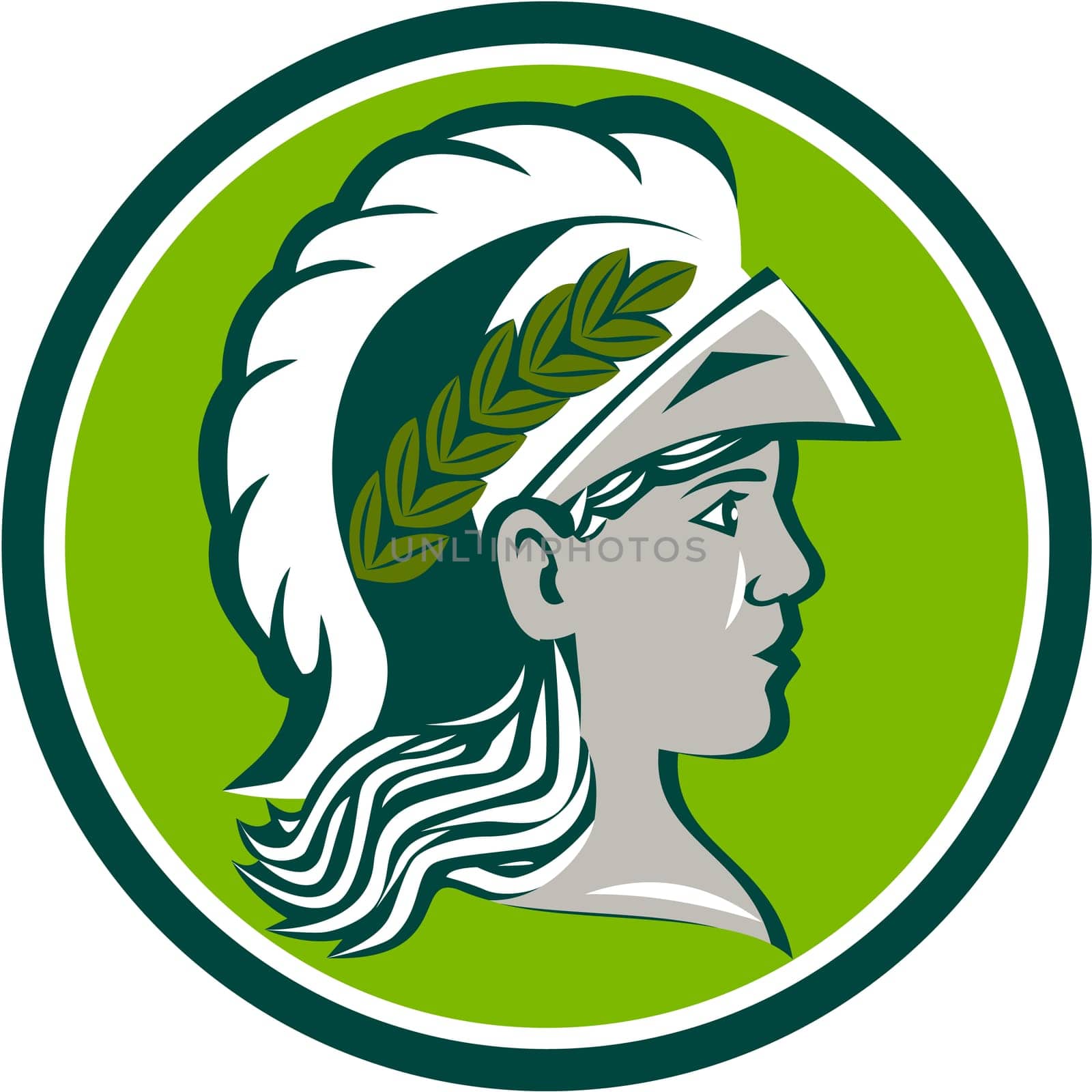 Illustration of Minerva or Menrva, the Roman goddess of wisdom and sponsor of arts, trade, and strategy wearing helmet and laurel crown viewed from side set inside circle on isolated white background done in retro style.