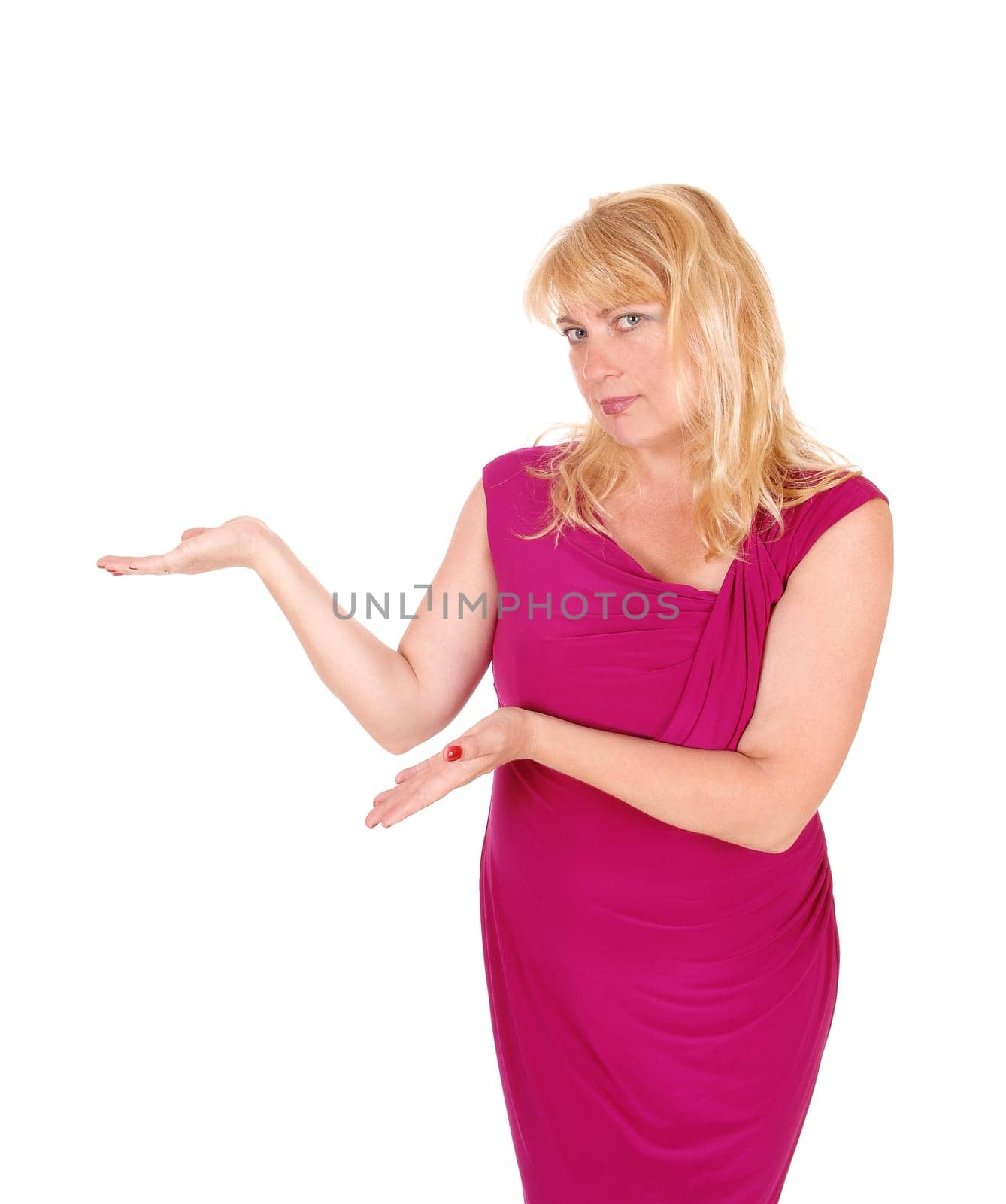 A tall blond woman in a red dress standing from front holding her hands.as a invitation, isolated for white background..