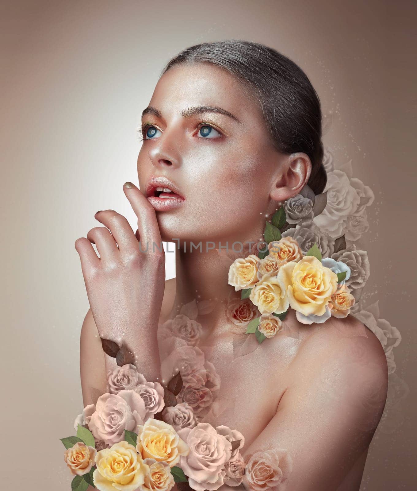Portrait of a woman. Flowers. Concept.