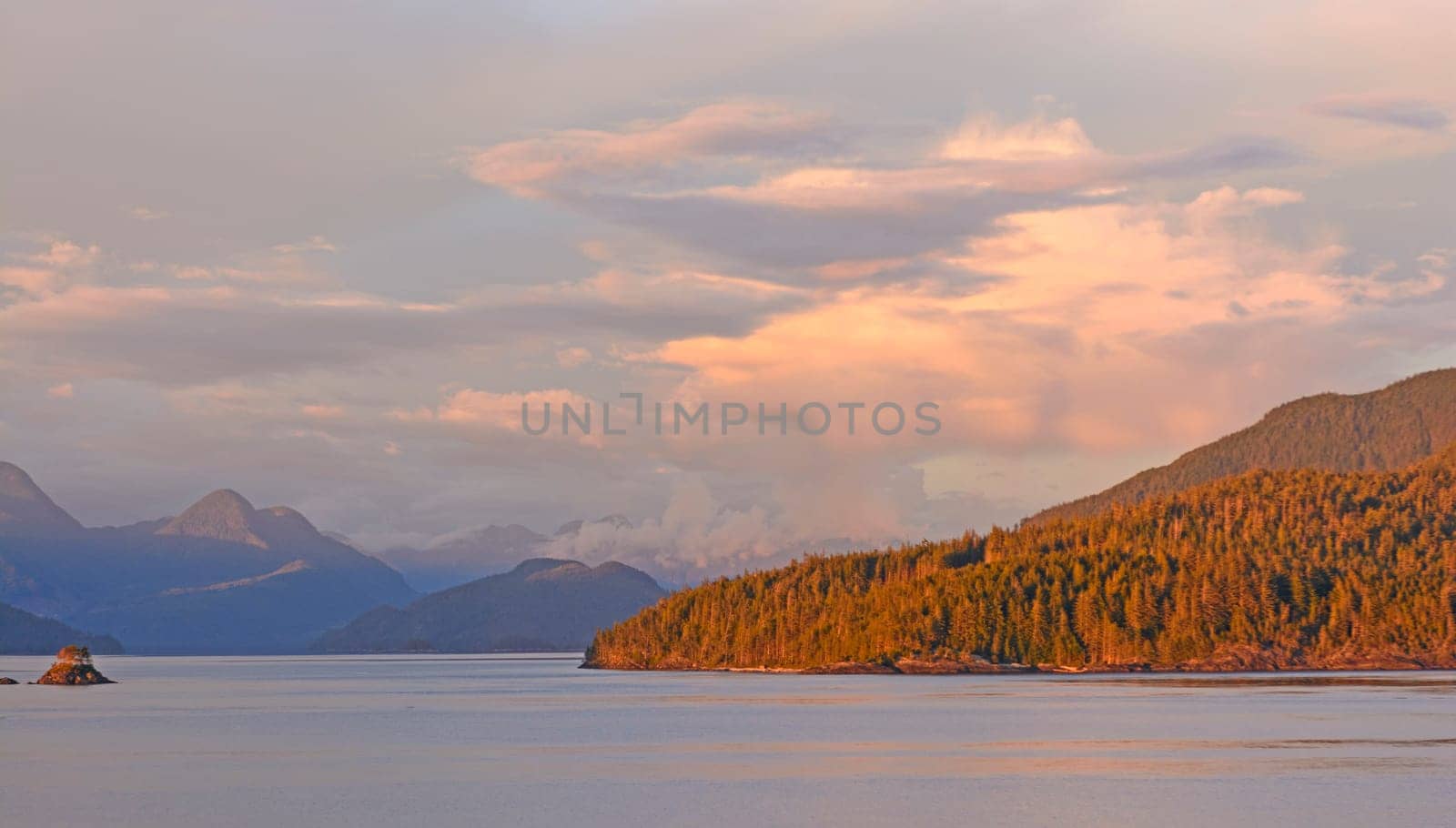 Alpenglow on a Coastal Shore in the Inside Passage near Vancouver Island in Canada