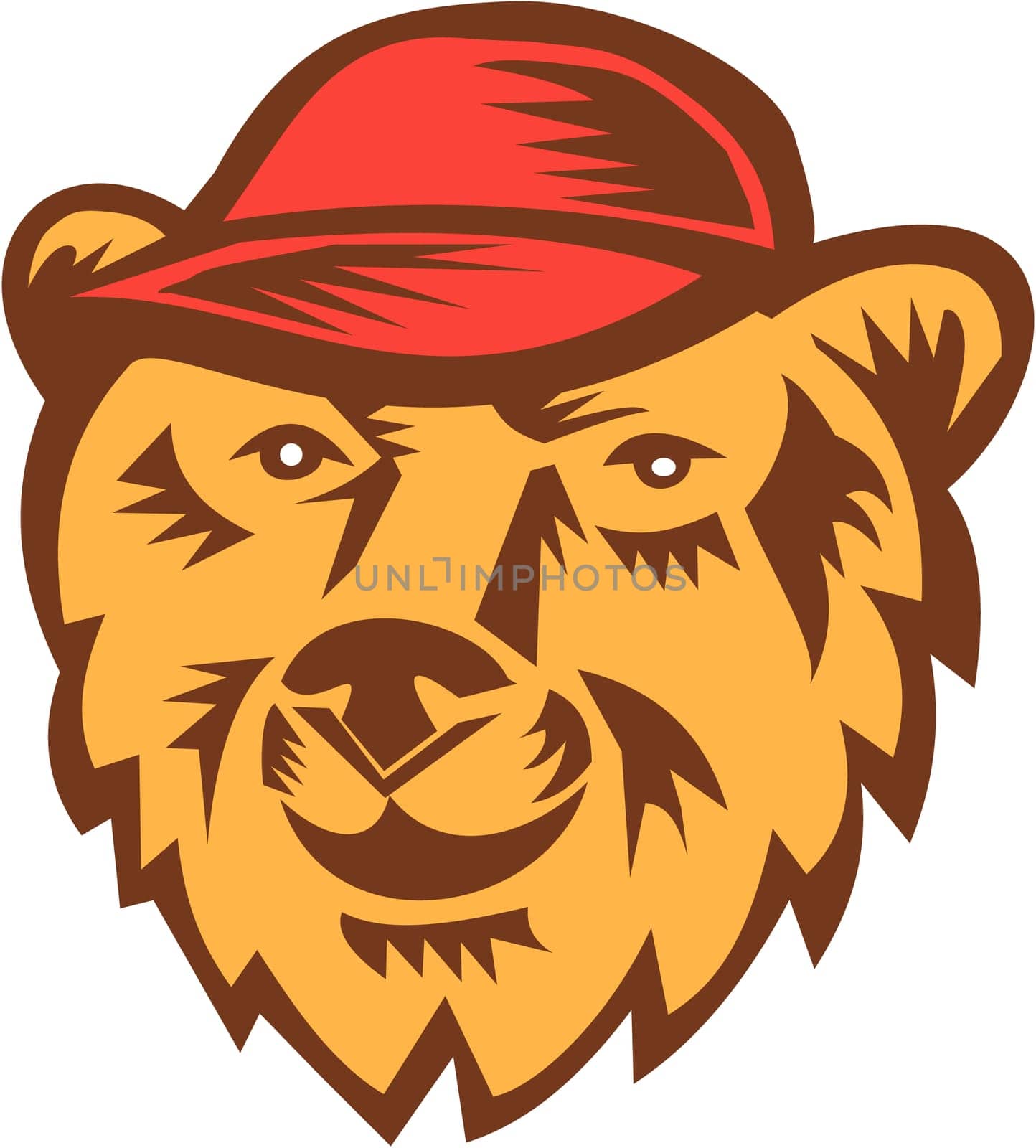 Illustration of a bear head wearing hat viewed from front set on isolated white background done in retro woodcut style.