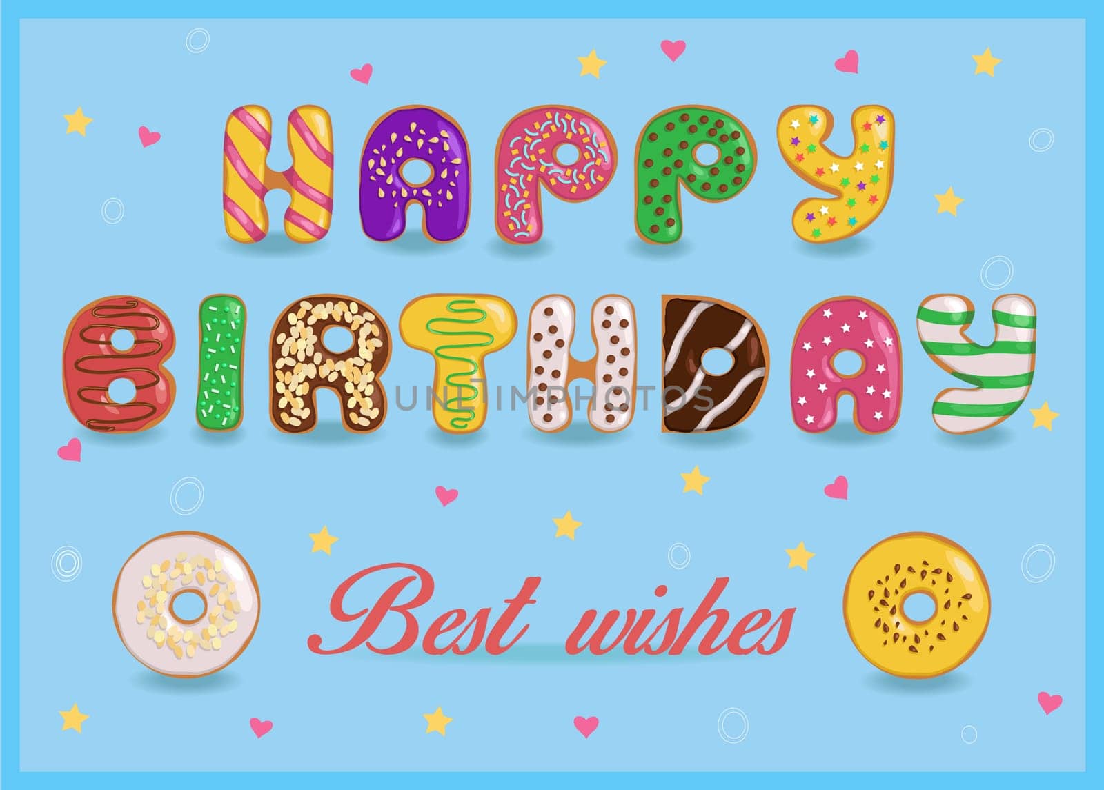 Festive inscription with colorful donuts letters. Happy birthday. Best wishes. Unusual font. Illustration.