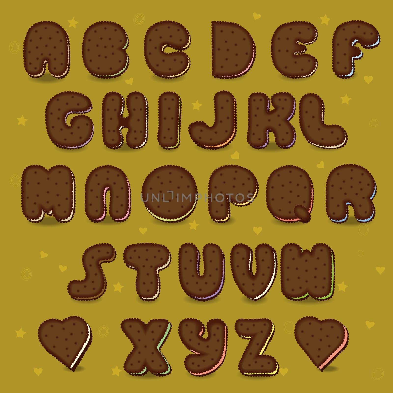 Chocolate Cookies Alphabet. Vintage style. Sweet font. Cookies with colorful filling. Illustration.