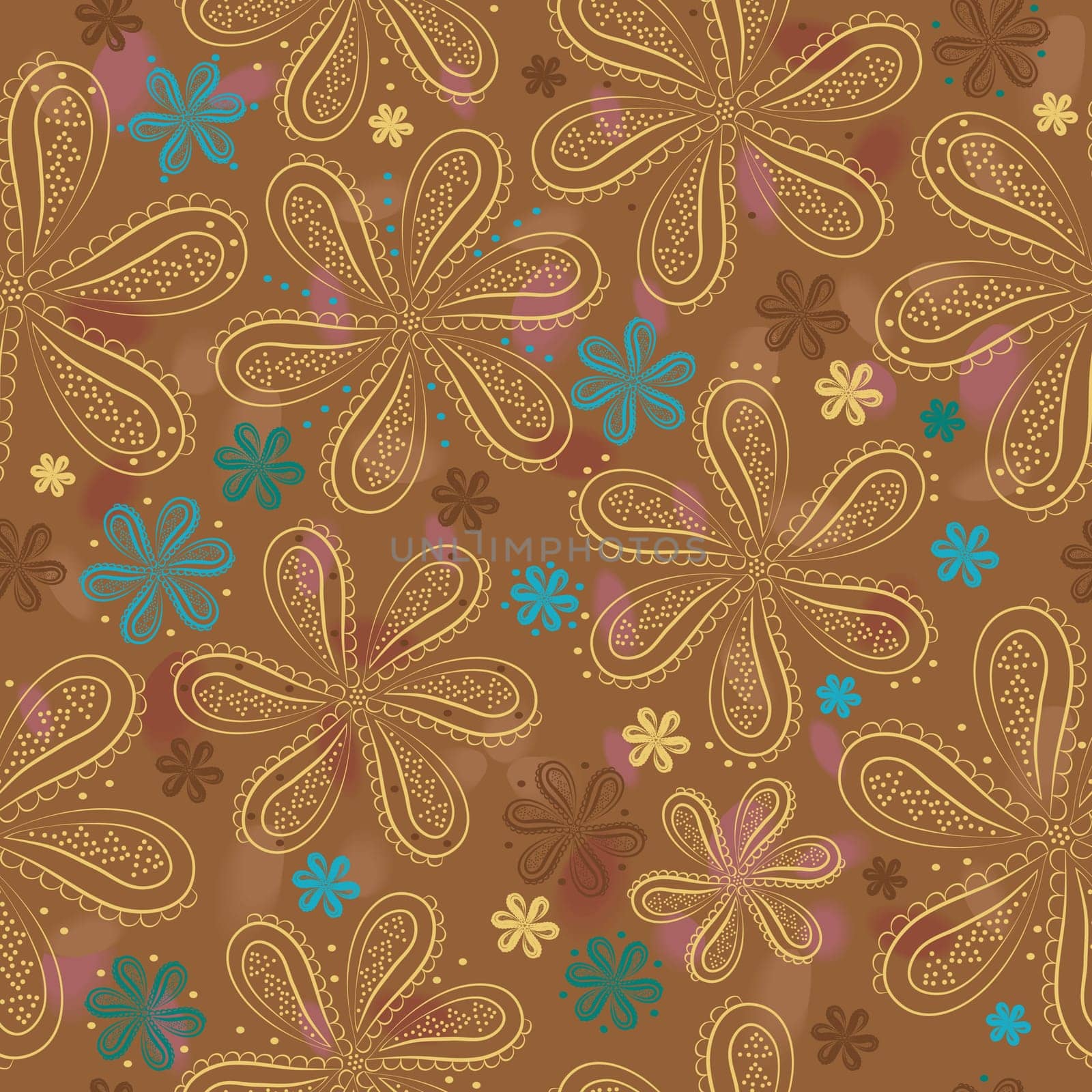 Yellow and blue flowers. Brown Watercolor background. illustration. Summer flowers. Floral seamless pattern.