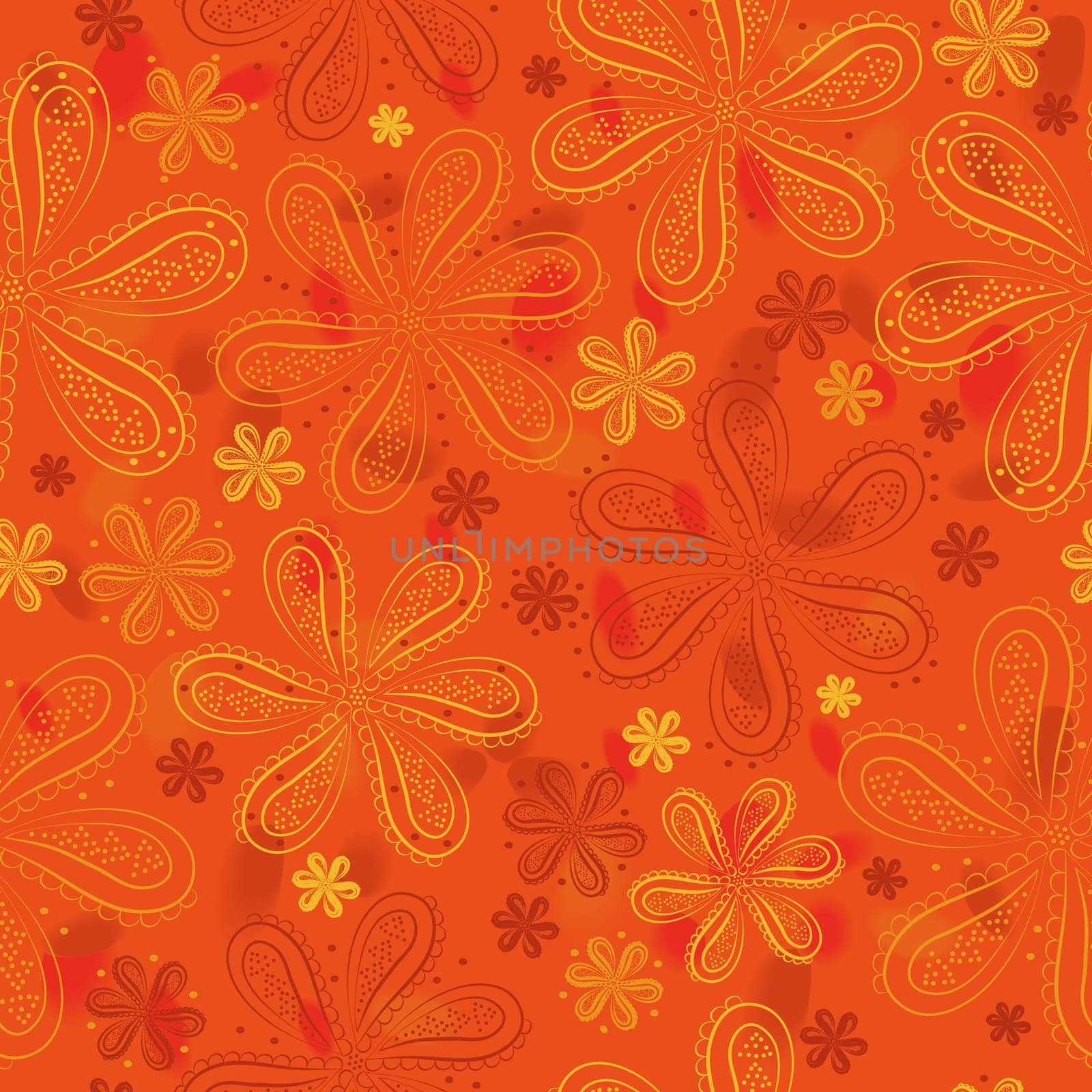 Red and yellow flowers with watercolor background. Illustration. Orange floral seamless pattern.