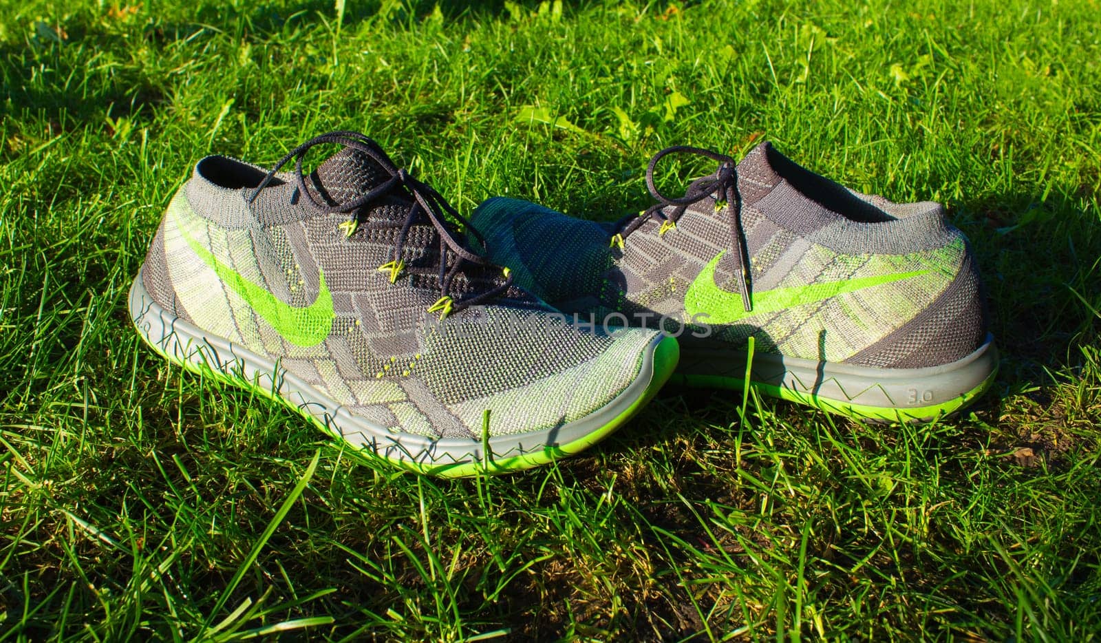 Dnipropetrovsk, Ukraine - August, 21 2016: New style nike shoes on green grass in park - illustrative editorial