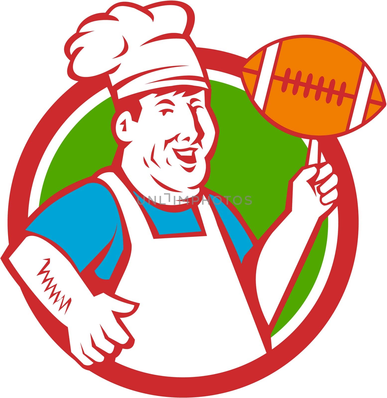 Illustration of a fat chef cook smiling wearing hat and apron twirling football ball viewed from front set inside circle done in retro style.