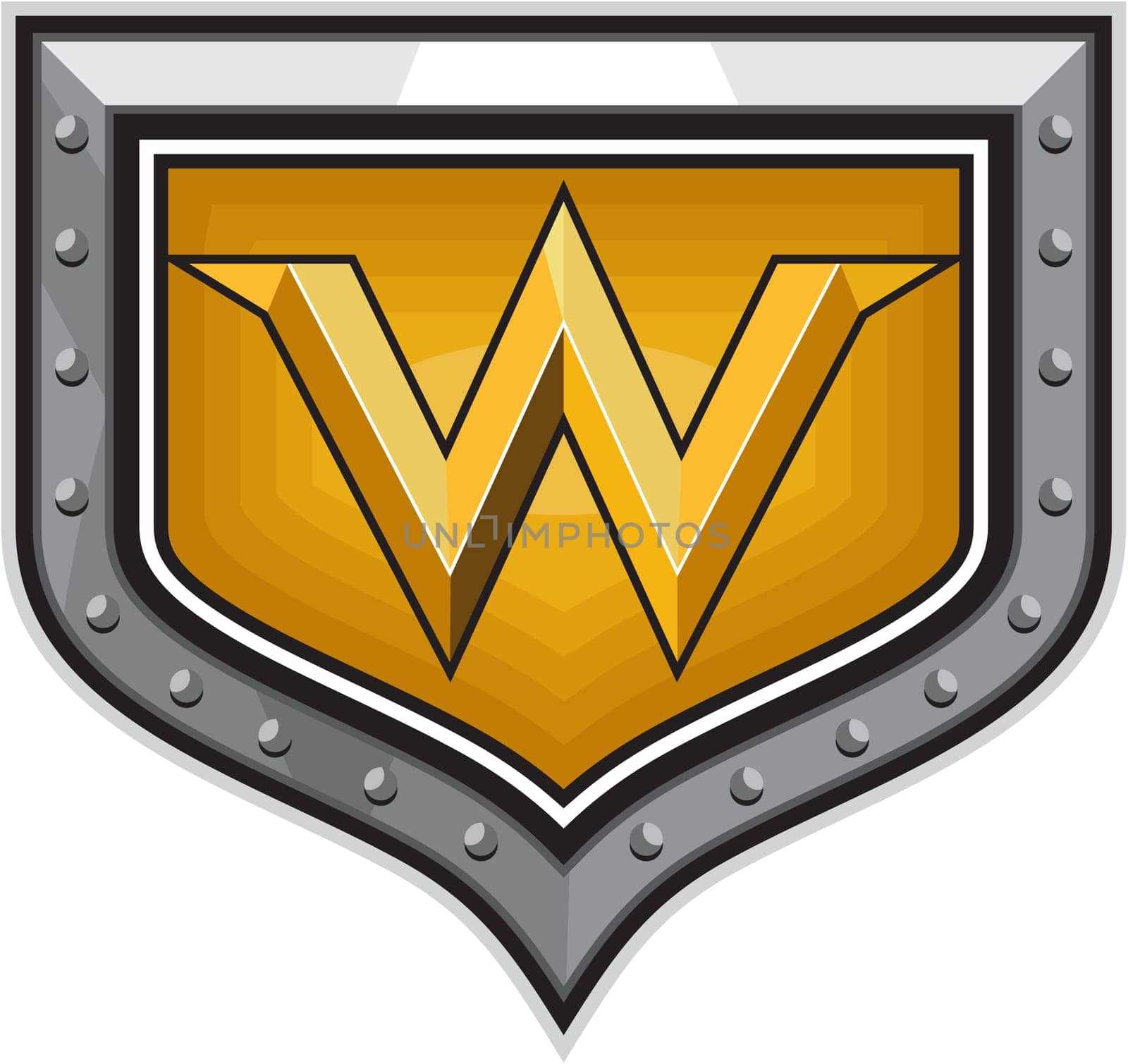 Illustration of the letter W in gold set inside shield crest done in retro style.