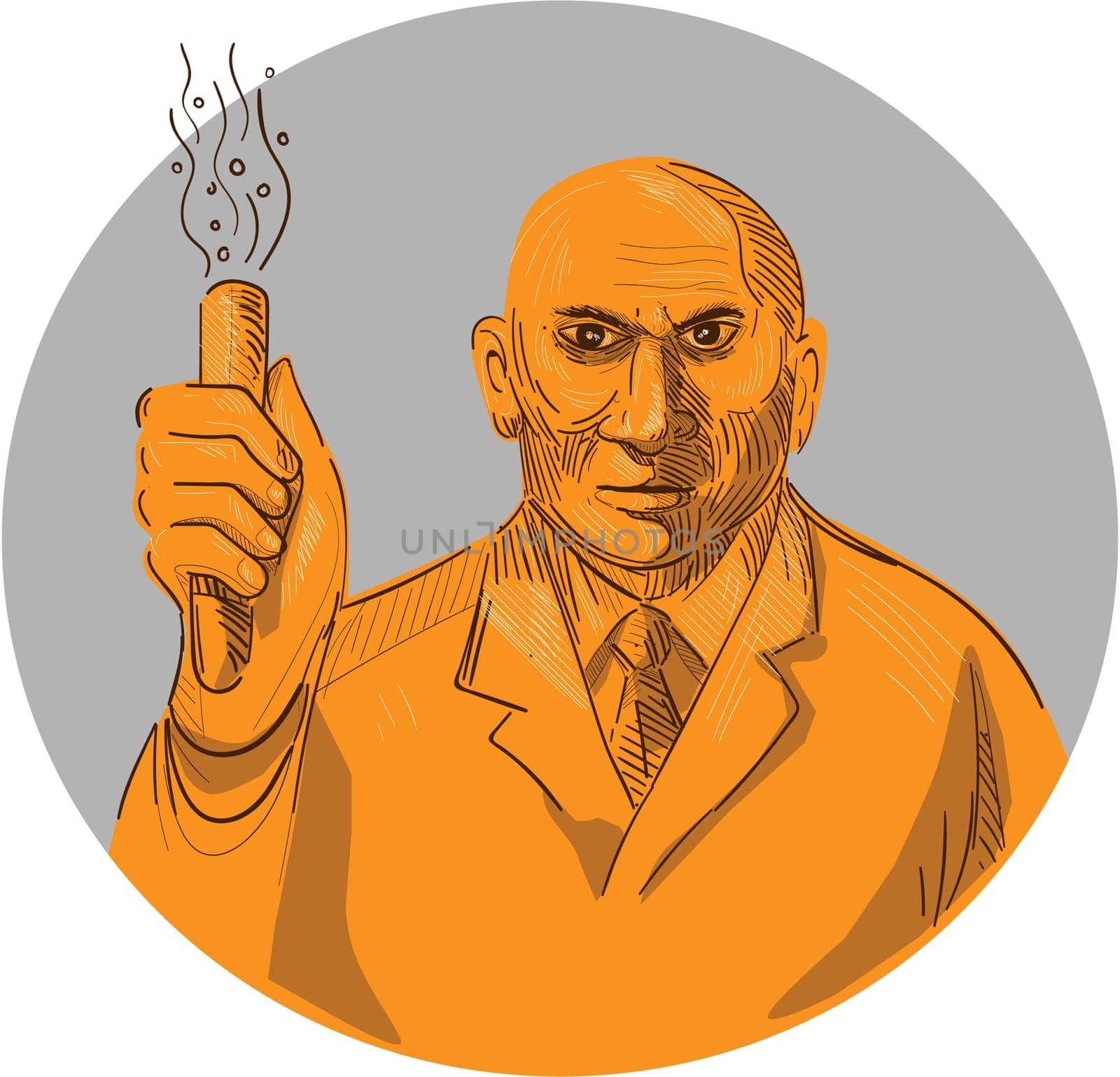 Drawing sketch style illustration of a crazy scientist holding test tube viewed from the front set inside circle on isolated background.