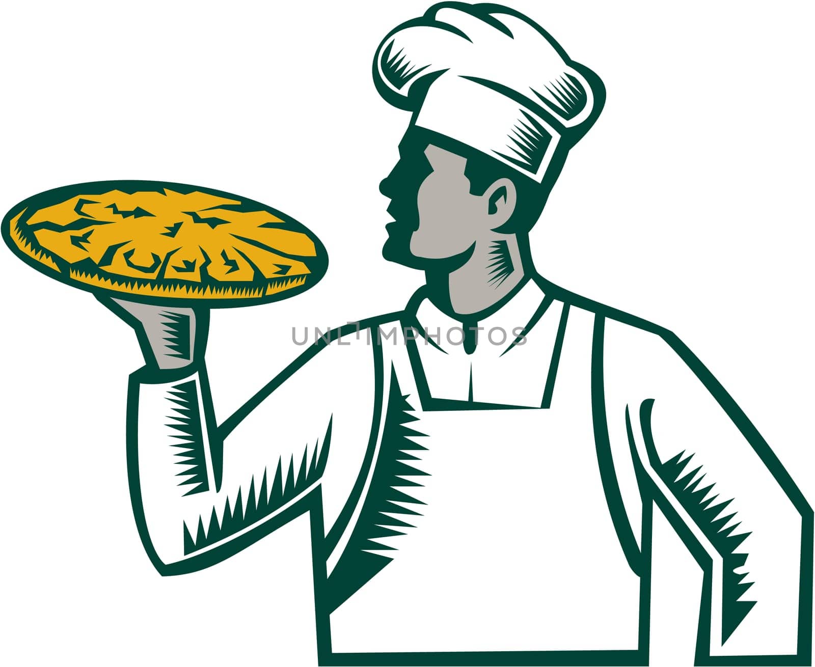 Illustration of a pizza chef baker holding pizza looking to the side set on isolated white background done in retro woodcut style.