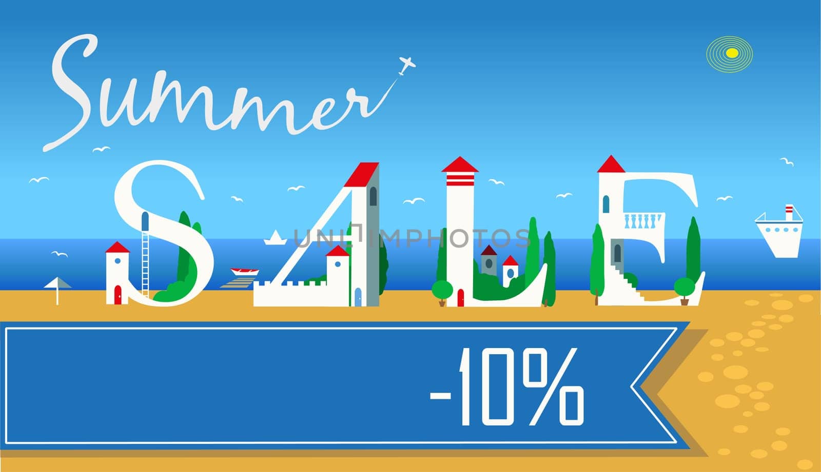 Inscription Summer Sale. Cute white houses on the coast. Summer beach. Plane in the sky. Blue banner for custom text. Illustration.