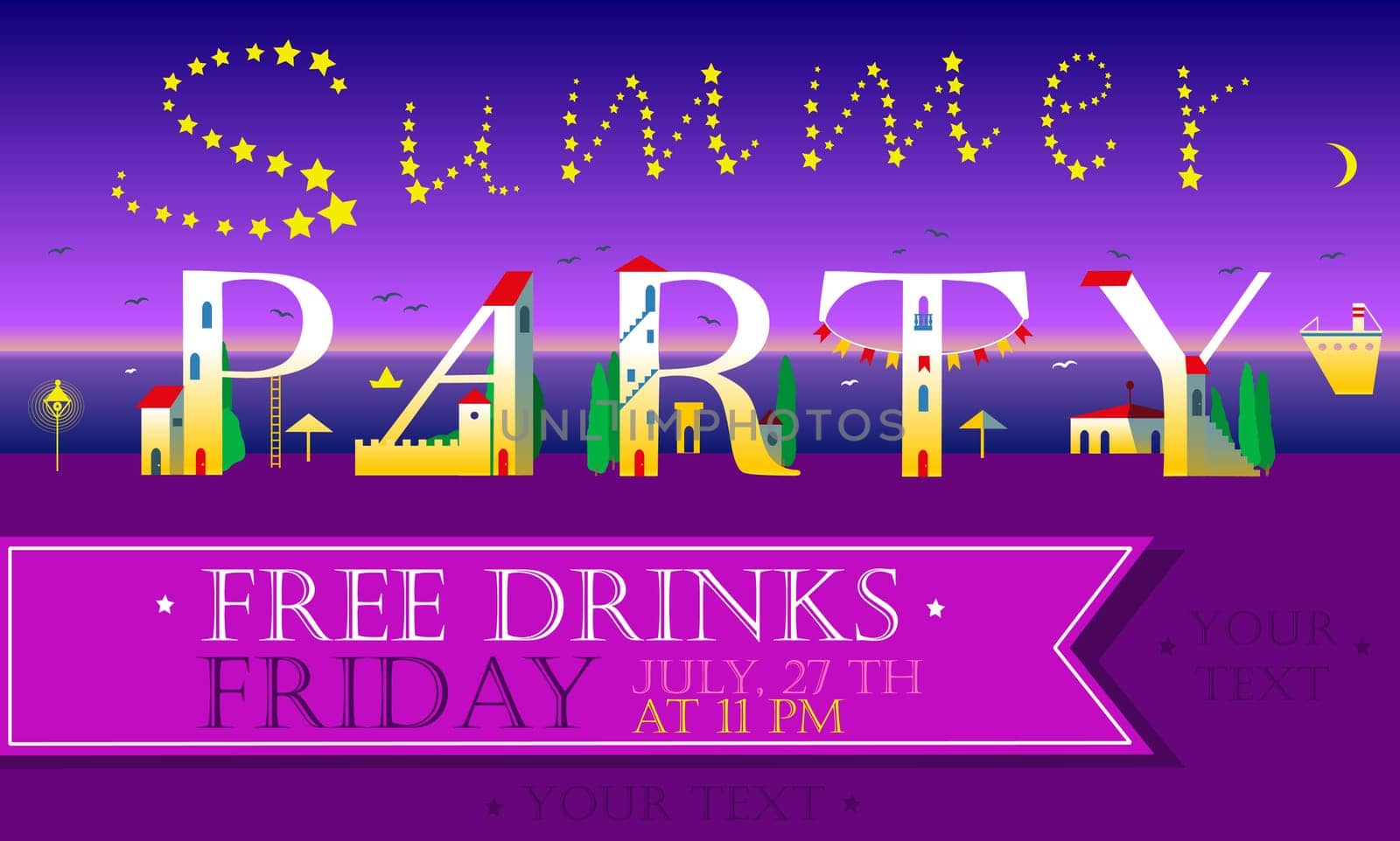 Summer Party invitation. Cute houses font. Night beach. Stars in the sky. Pink banner for custom text. Illustration.