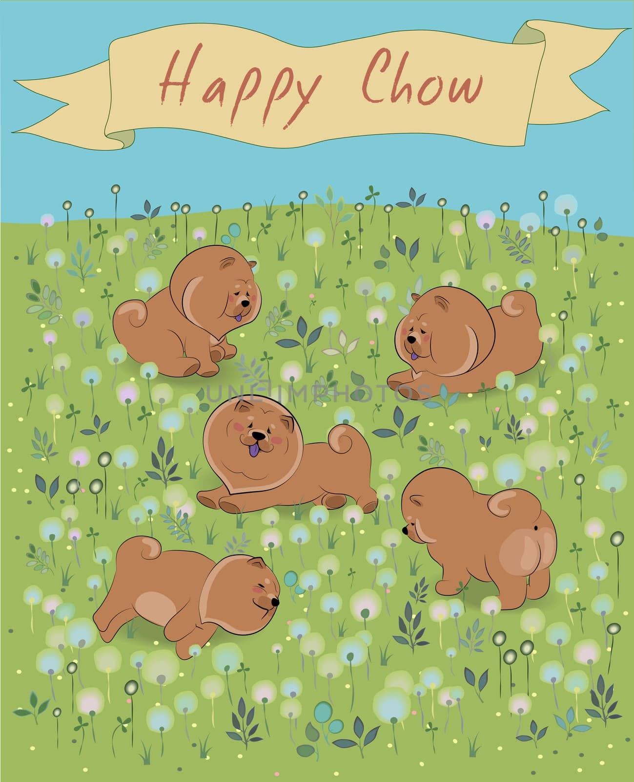 Happy Chow-chow on the blossoming field. Brown puppies. Watercolor flowers and plants. Yellow banner in the sky. Illustration.