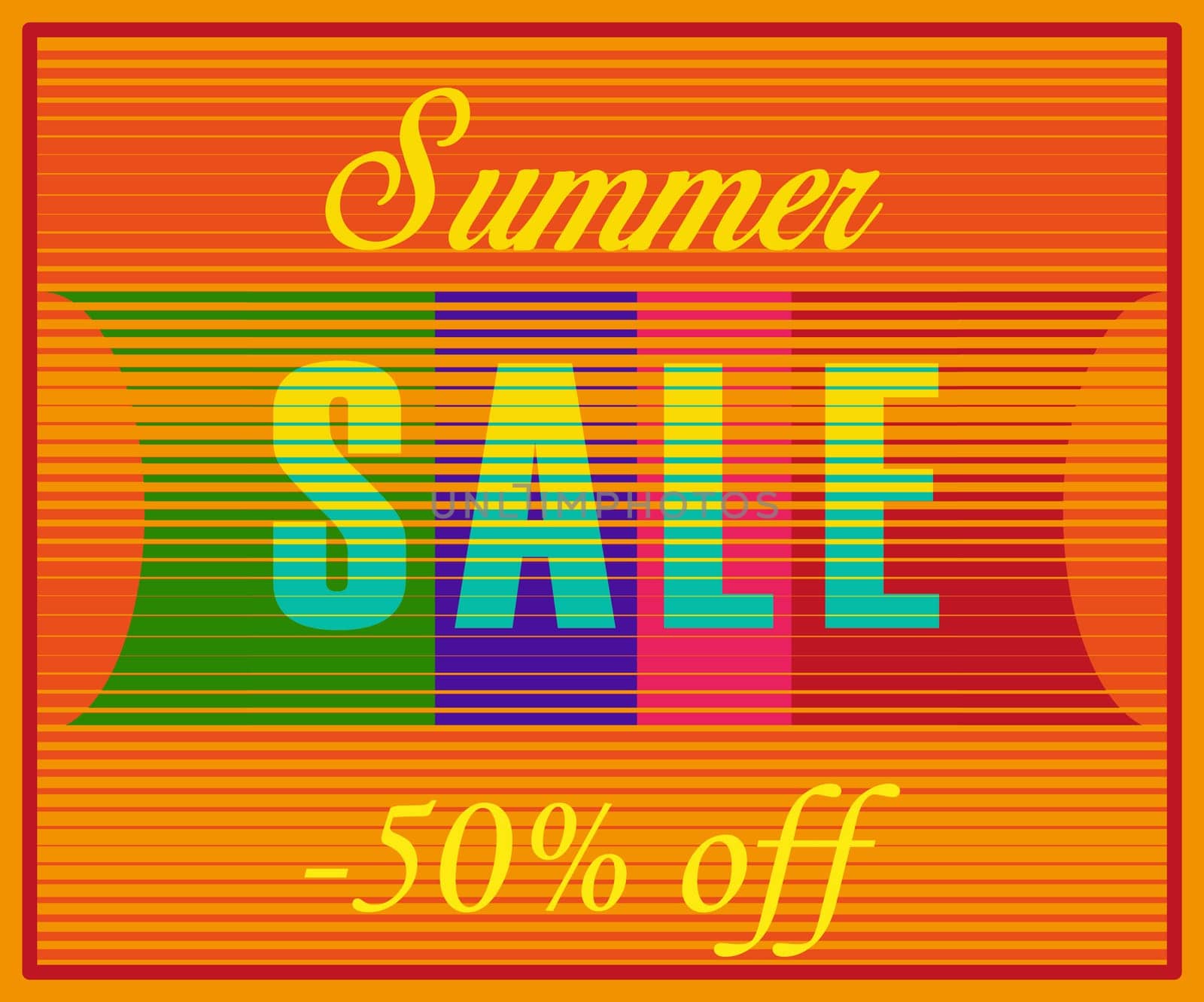 Summer Sale Inscription. Fifty percents off. Striped Yellow Blue Letters. Illustration.