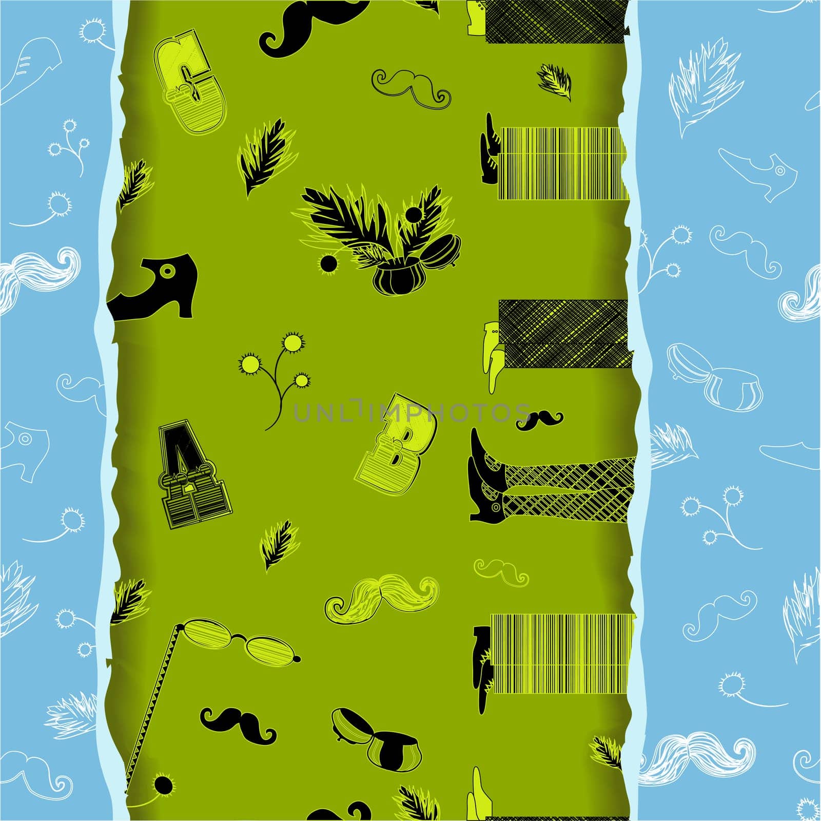 Retro Seamless Pattern with hipster items. Vintage fashion. White items with blue background. Black and yellow items with green background. Effect of paper ragged edge. Illustration.