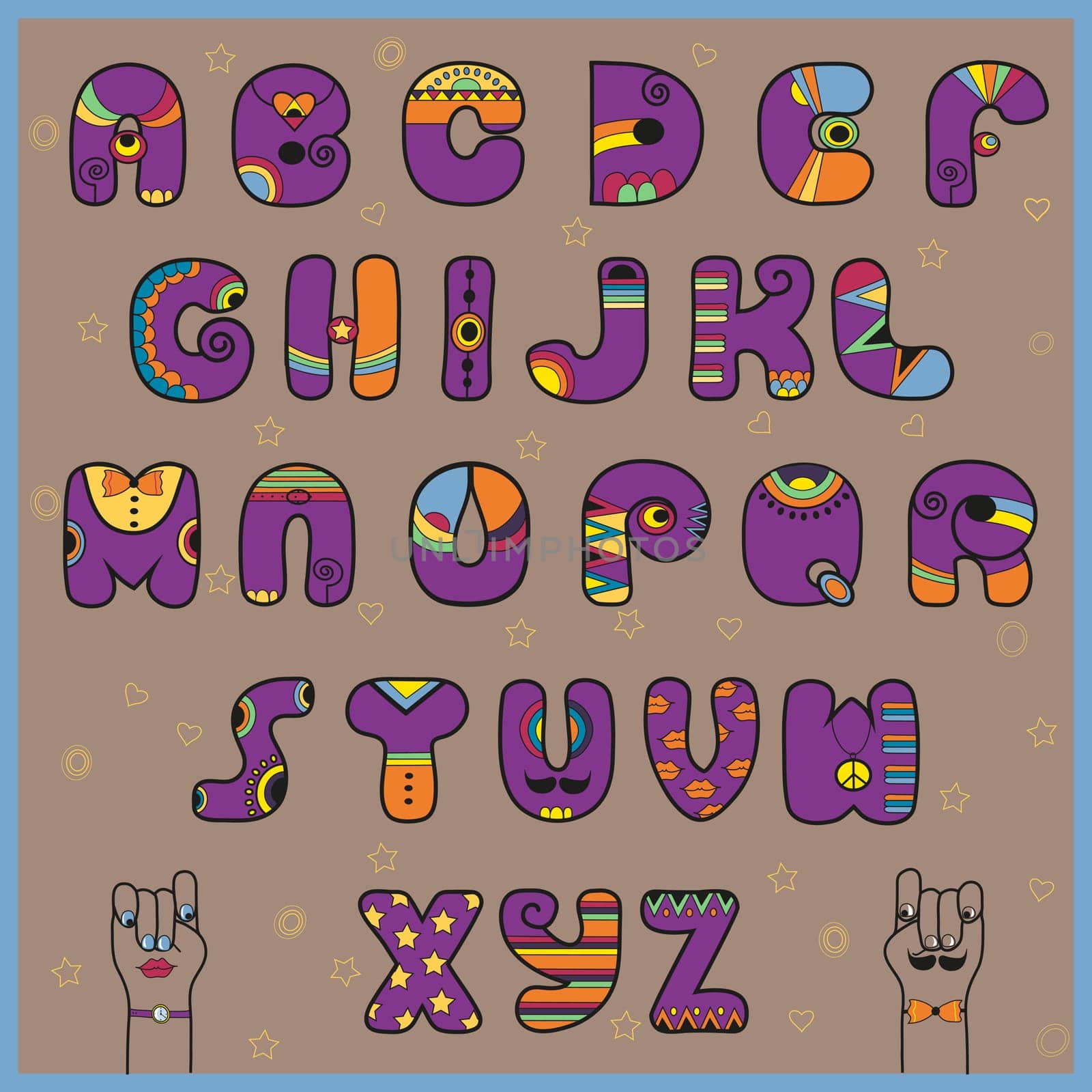 Hipster Alphabet. Funny purple and orange letters. Cartoon hands looking at each other. Vintage fashion. Illustration.