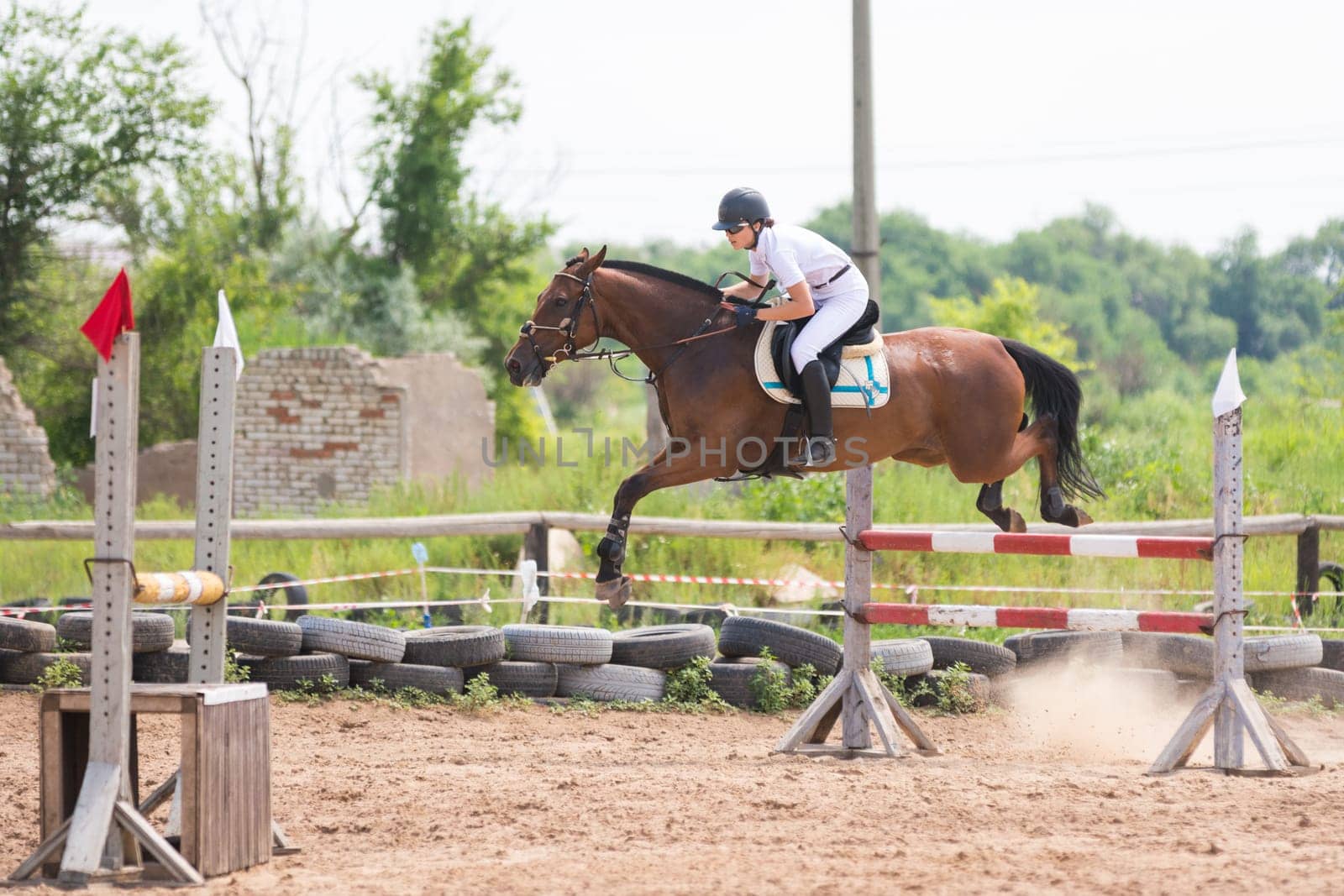 Volgograd, Russia - June 19, 2016: A horse with a rider during the execution of a jump over a hurdle