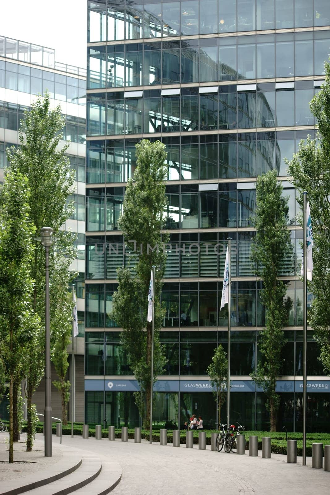 Berlin,Germany - June 21,2016: The modern glass facades of the Sony Center with the Glaswerk restaurant at Potsdamer Platz on June 21,2016 in Berlin.