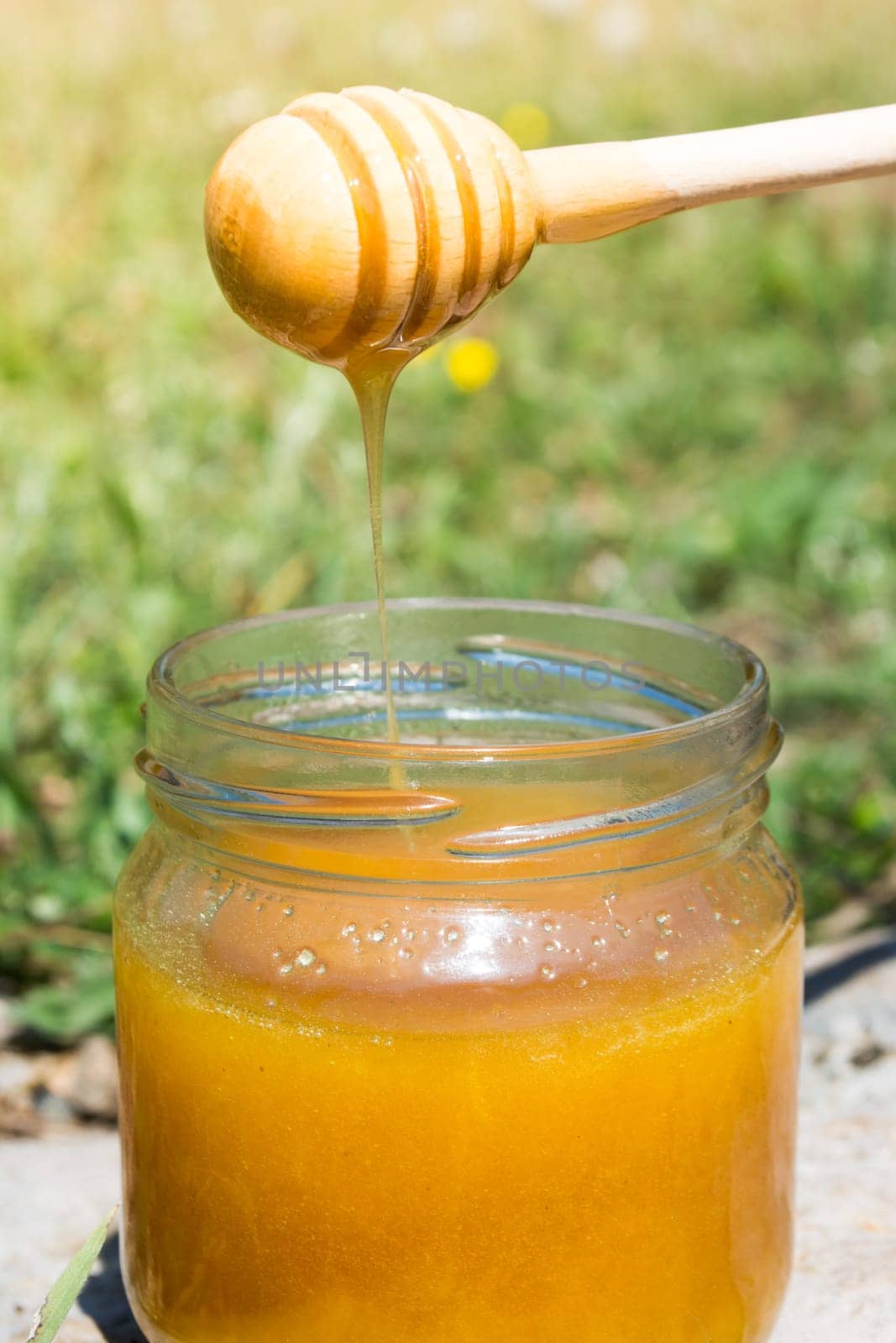 Jar full of sweet honey. Honey is dripping from a wooden honey stick