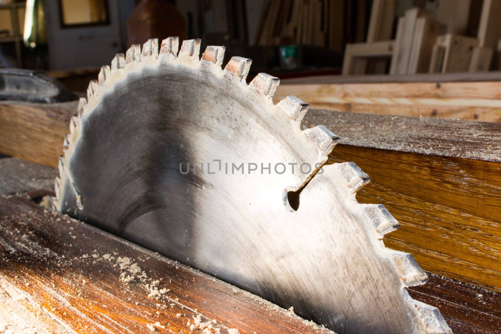 CLose up of machine with circular saw in the carpenter workshop
