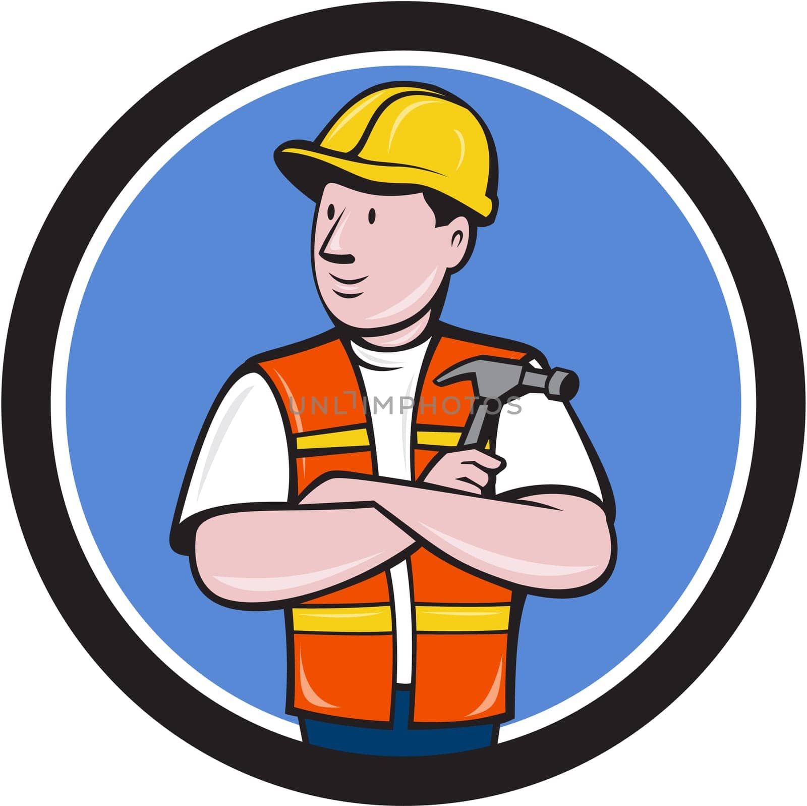 Illustration of a builder carpenter construction worker arms folded holding hammer looking to the side set inside circle on isolated background done in cartoon style.
