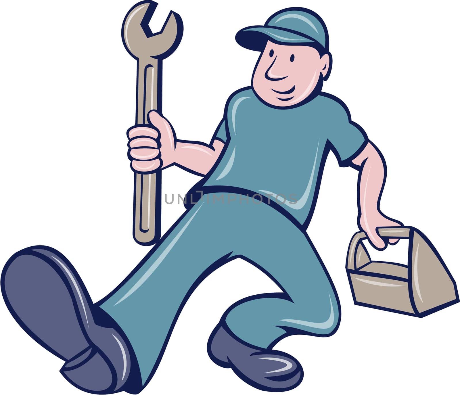 Illustration of a mechanic holding spanner and toolbox putting foot forward viewed from front set on isolated white background done in cartoon style.