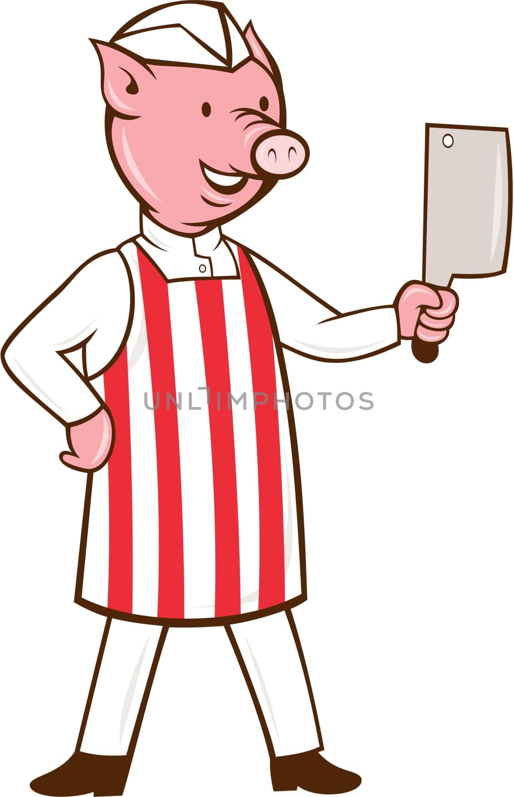 Illustration of a butcher pig standing holding meat cleaver and one hand on hips viewed from front set on isolated white background done in cartoon style.