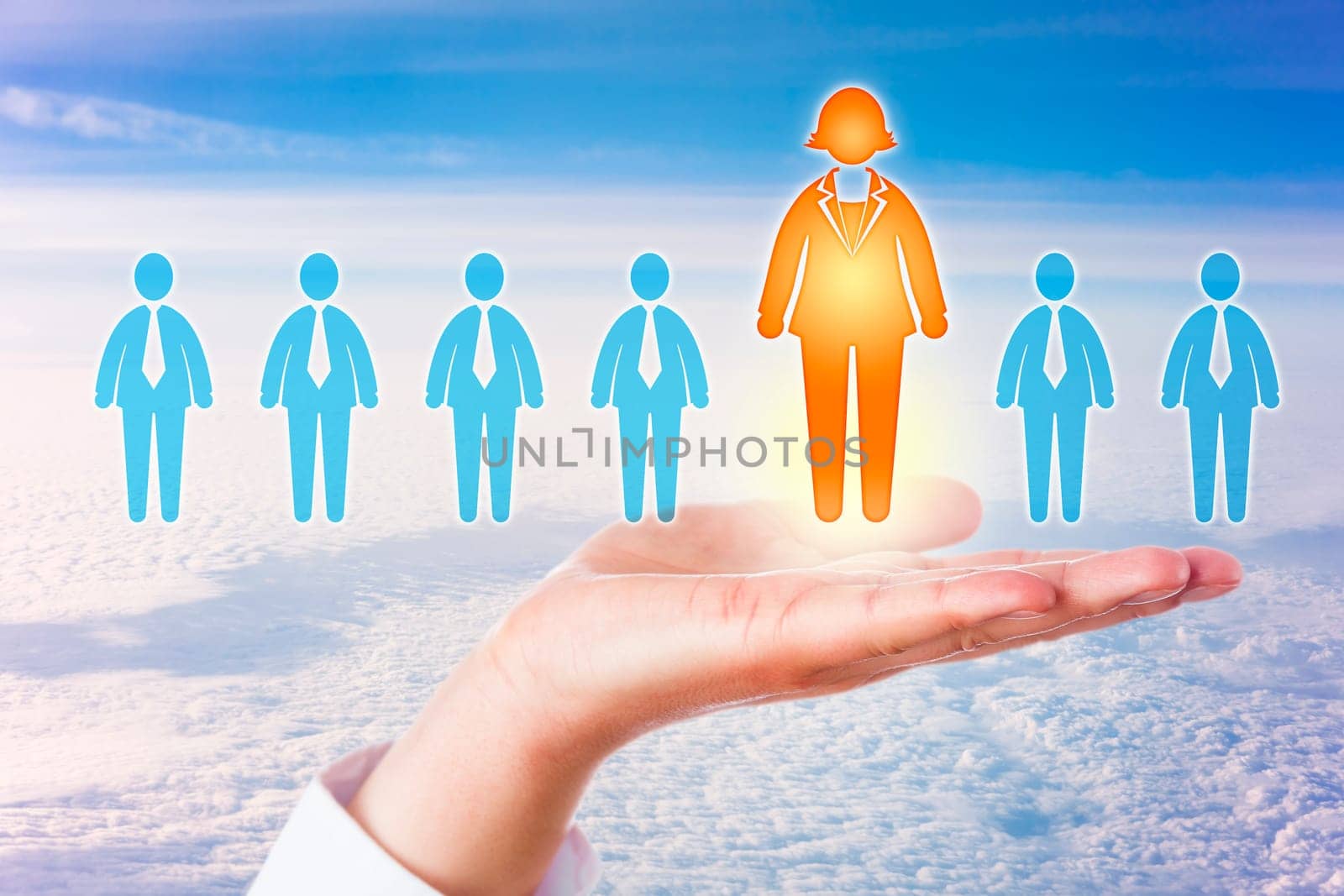 The only one female candidate in an otherwise all male lineup of white collar professionals is standing out in an open palm of hand high above a dense cloudscape on a sunny morning. Business concept.