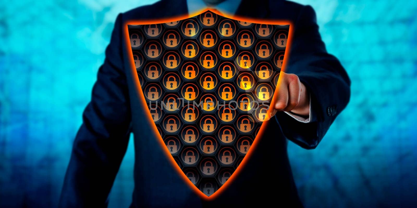 Businessman activating a virtual antivirus shield covering his chest. Cybersecurity metaphor and information technology concept for a virtual firewall, network defense and virus removal. Copy space.