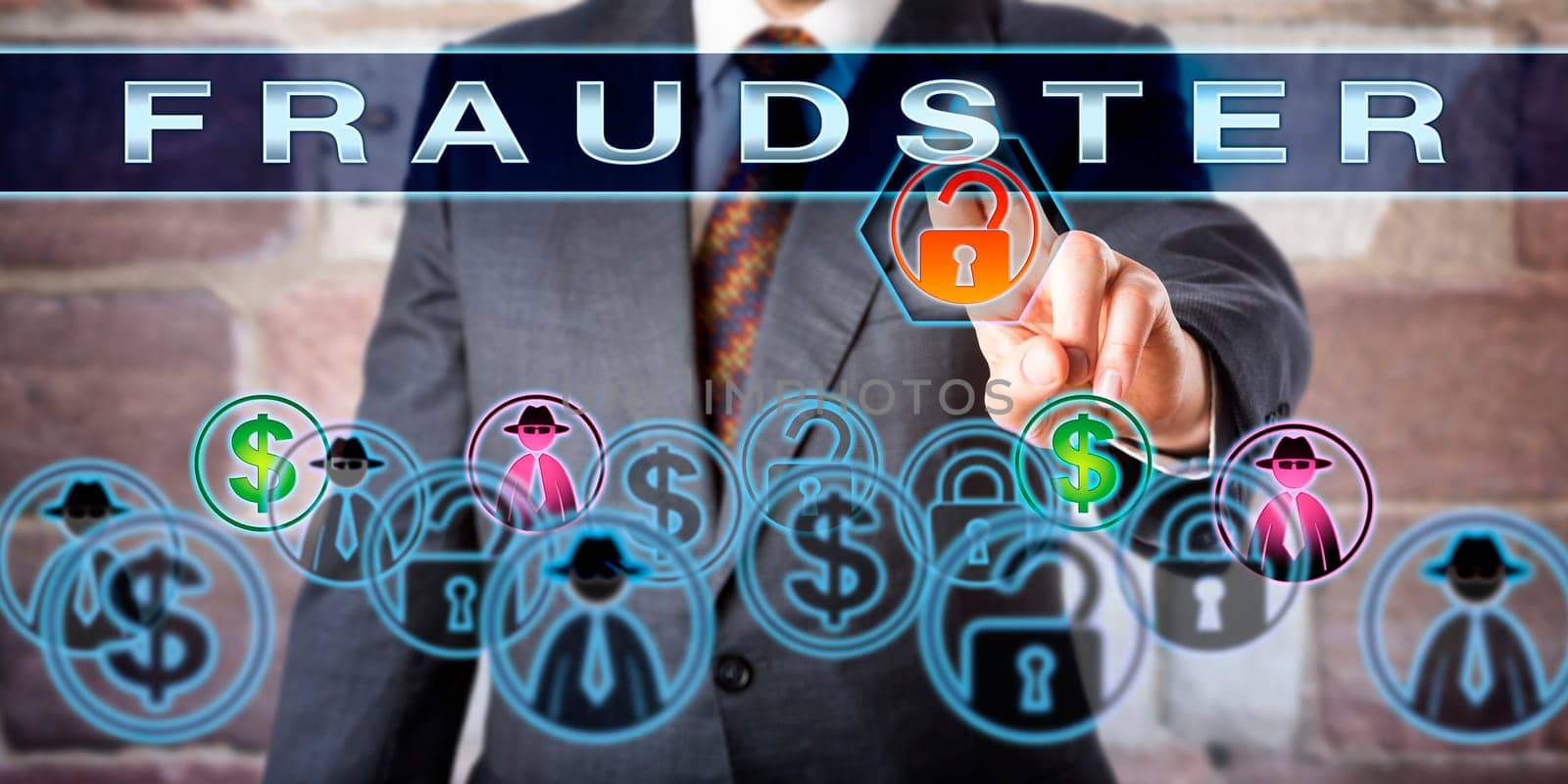 White collar manager pressing FRAUDSTER on an interactive touch screen. Concept for civil or criminal offender, especially a perpetrator operating a deceptive ploy for monetary gain in cyberspace.