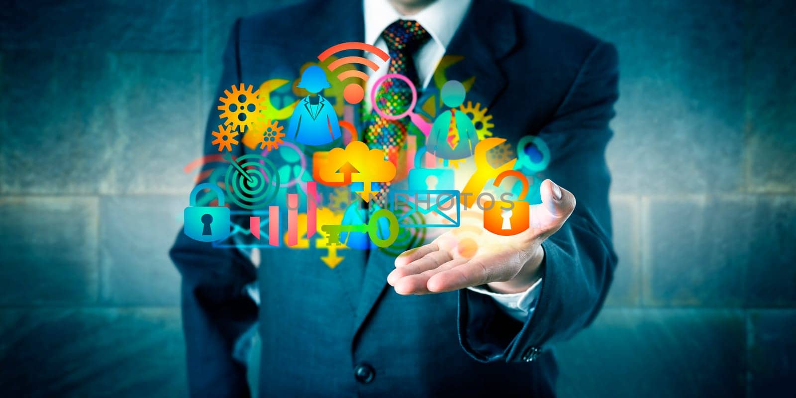 Man offering a cloud infrastructure solution made of a host of colorful managed services icons. Information technology concept for desktop virtualization, digital transition and MSP as facilitator.