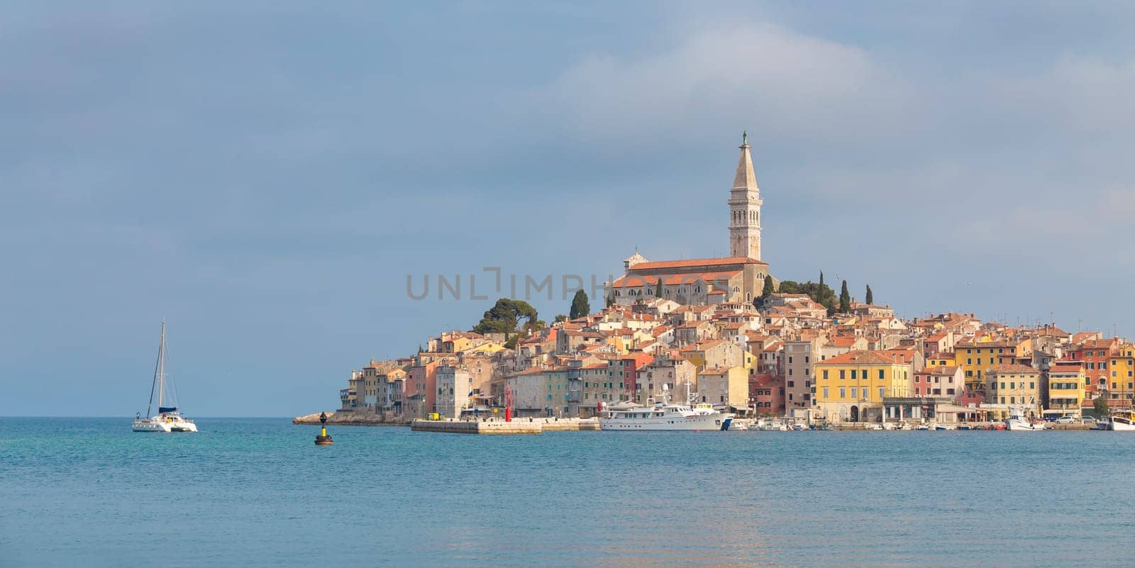 Beautiful View Of Rovinj City With Landmark Of Church Tower, Istria, Croatia, Europe.