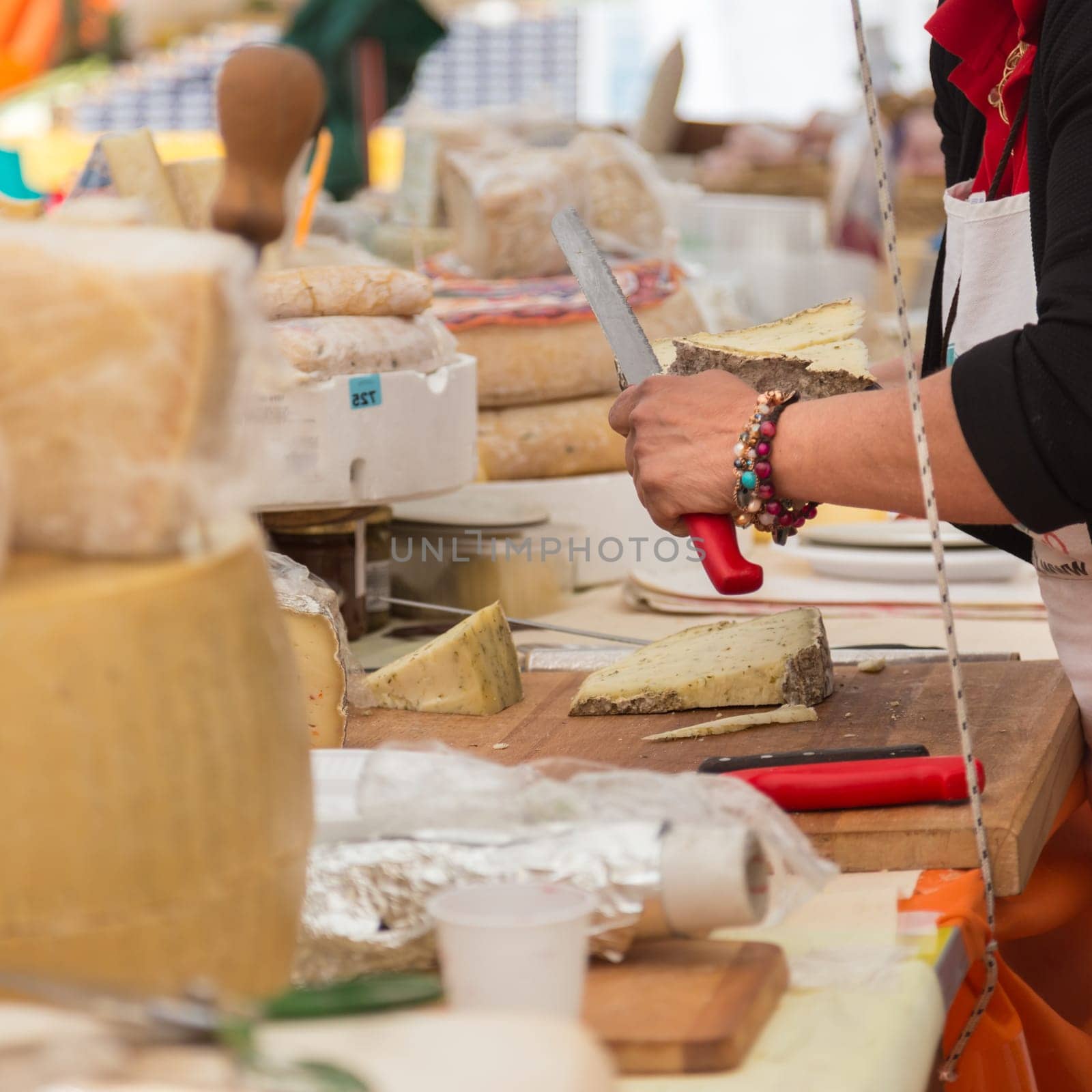 Sunday cheese market. Large selection of cheeses.