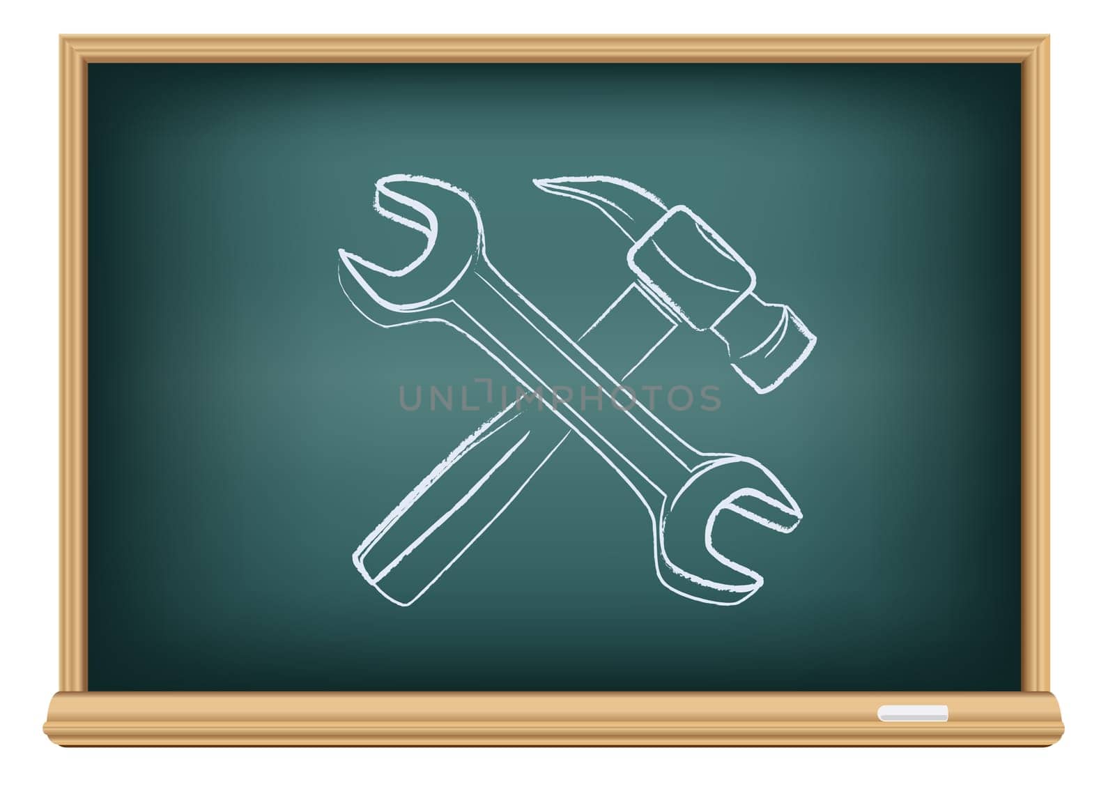 Hammer and wrench drawing on education blackboard on a white background