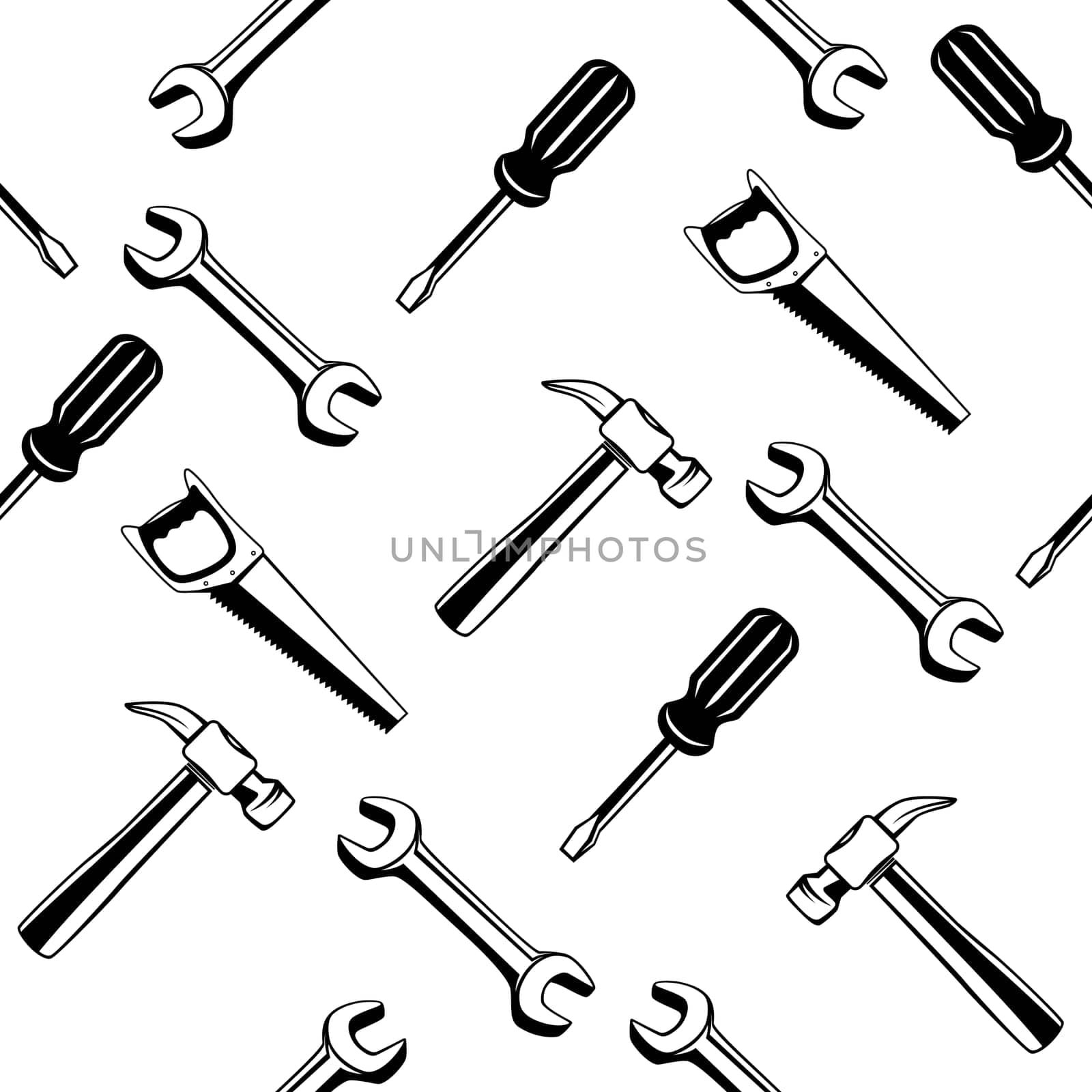 Different tools seamless texture background. Repairer backdrop. Wrench screwdriver saw hammer