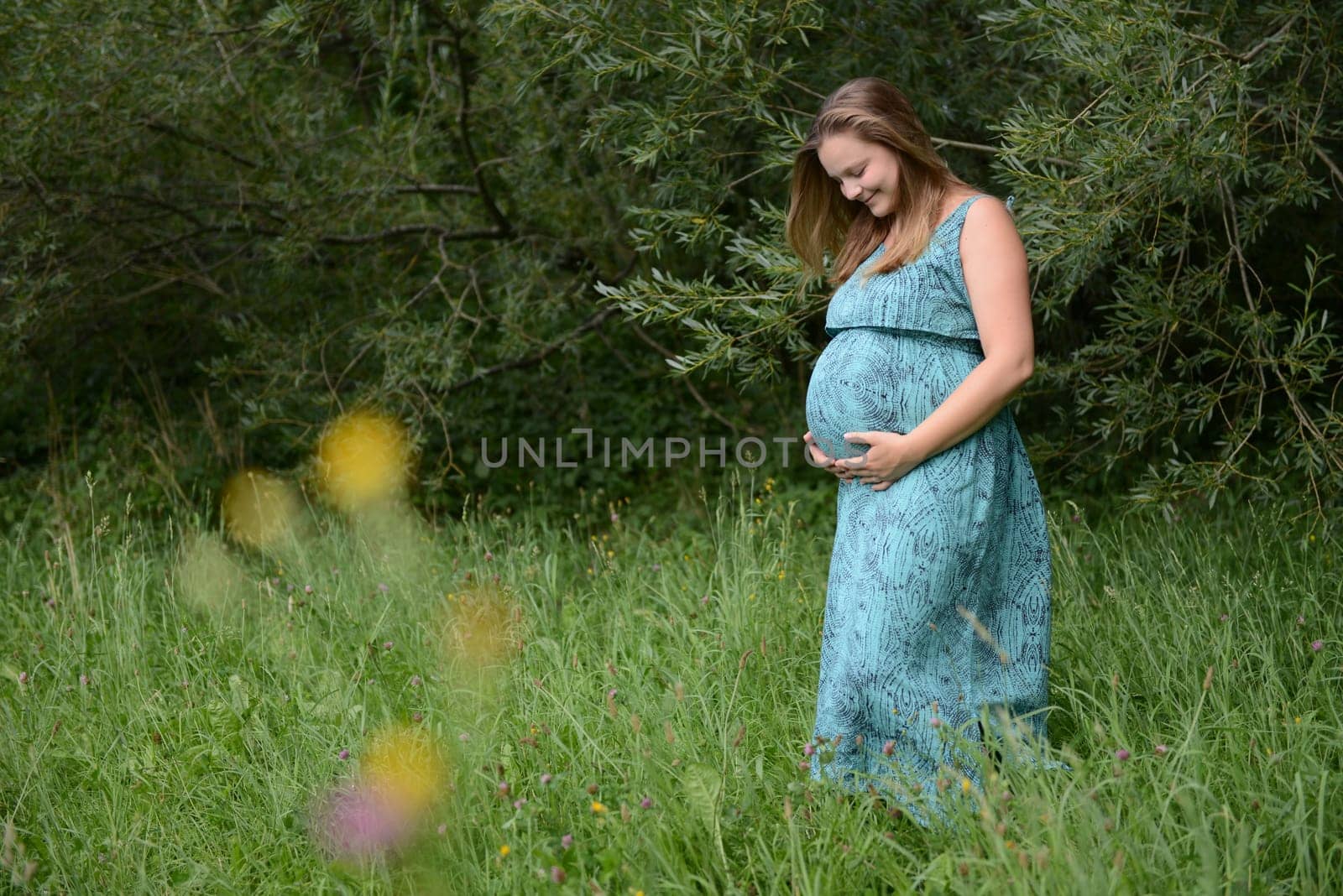 Young pretty pregnant woman in a meadow