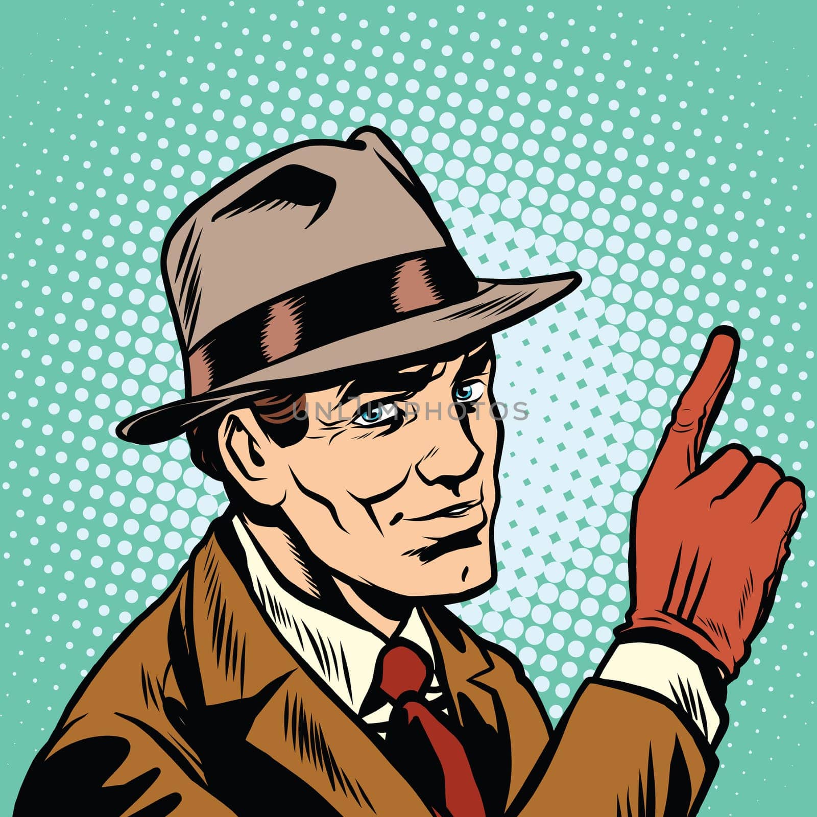 Male spy points a finger, retro background pop art comic drawing illustration