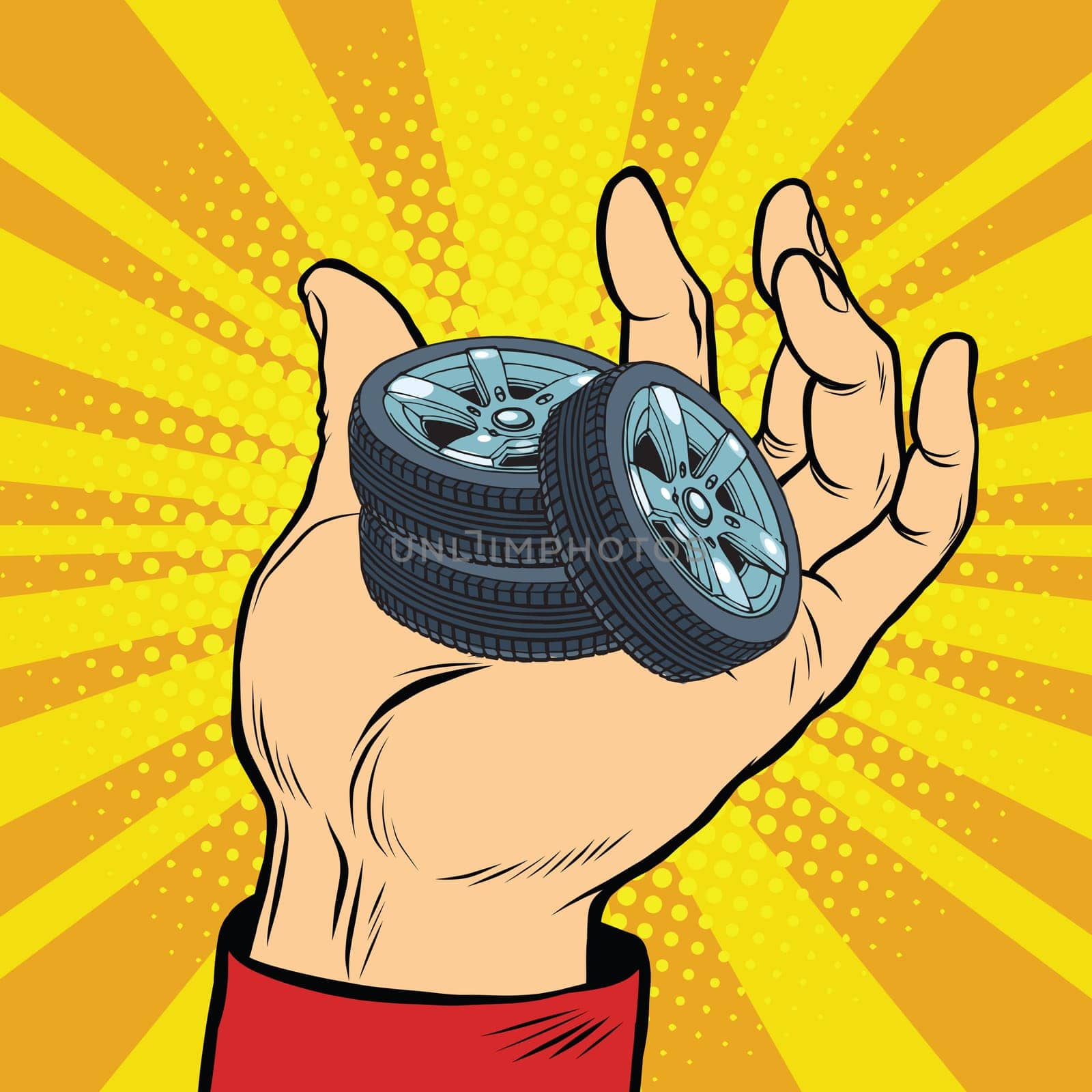 Hand with car tires pop art retro comic book vector illustration. sale of spare parts