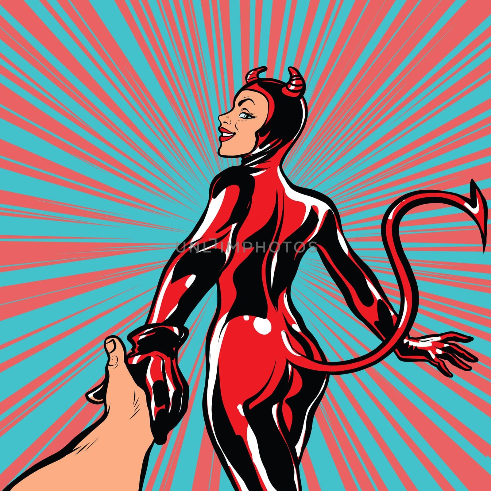follow me, girl devil demon temptation, pop art retro comic book vector illustration