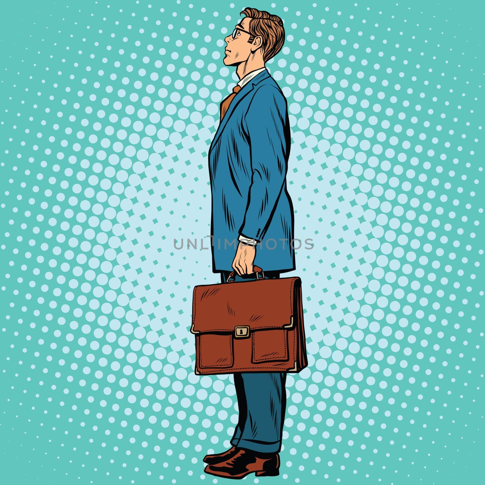 Businessman standing sideways pop art retro comic drawing illustration