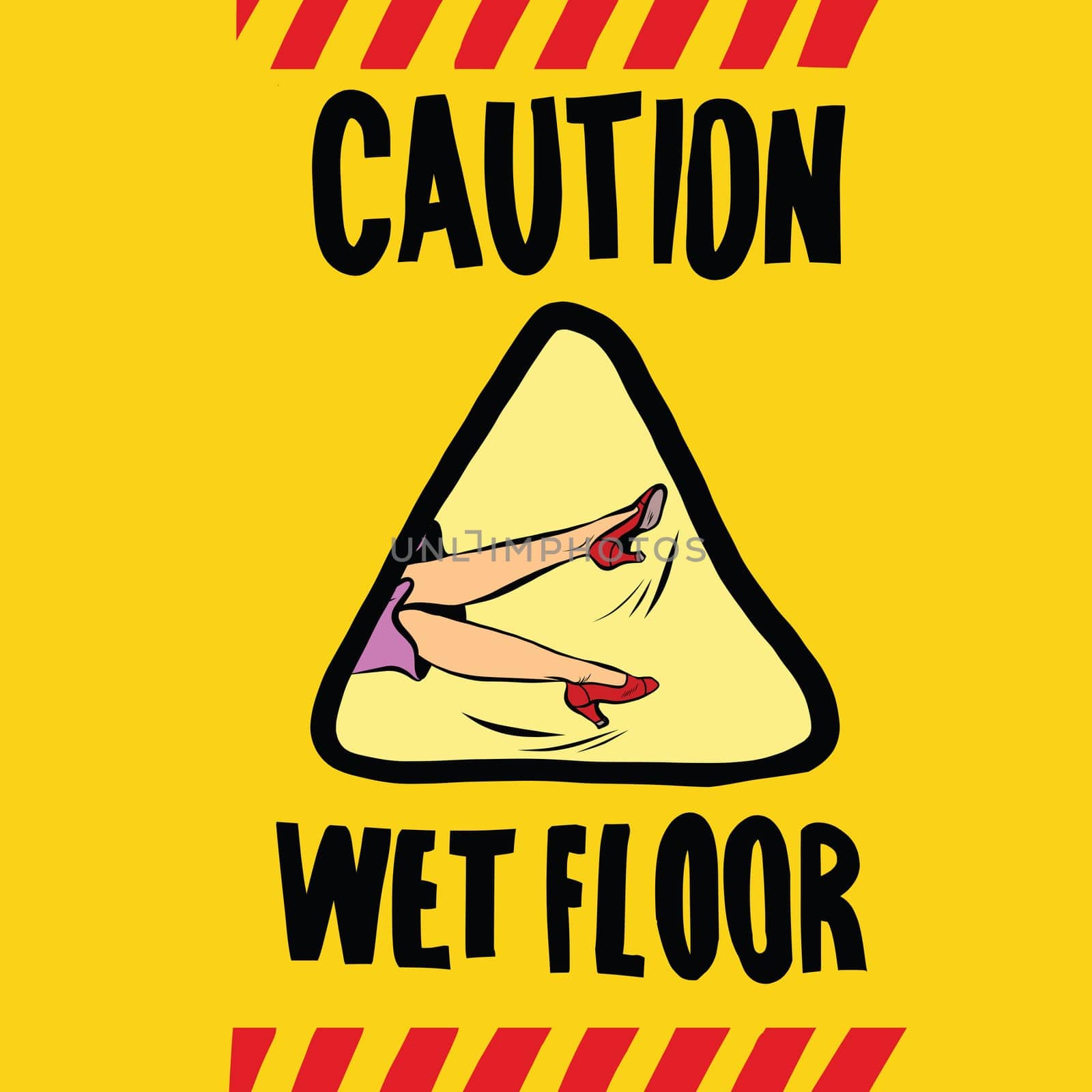 caution wet floor female feet, pop art retro vector illustration