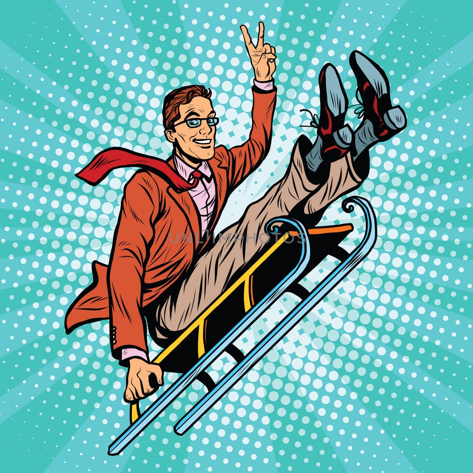 Retro man riding on a sled, pop art retro vector illustration. Winter sports, games and entertainment