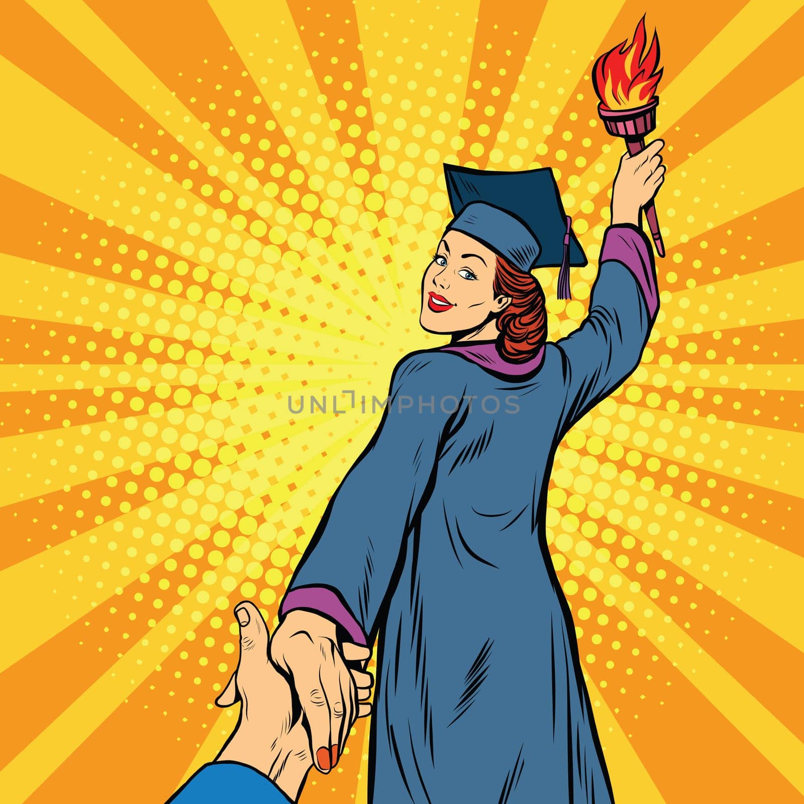 follow me, education university knowledge woman, pop art retro vector illustration. College graduate