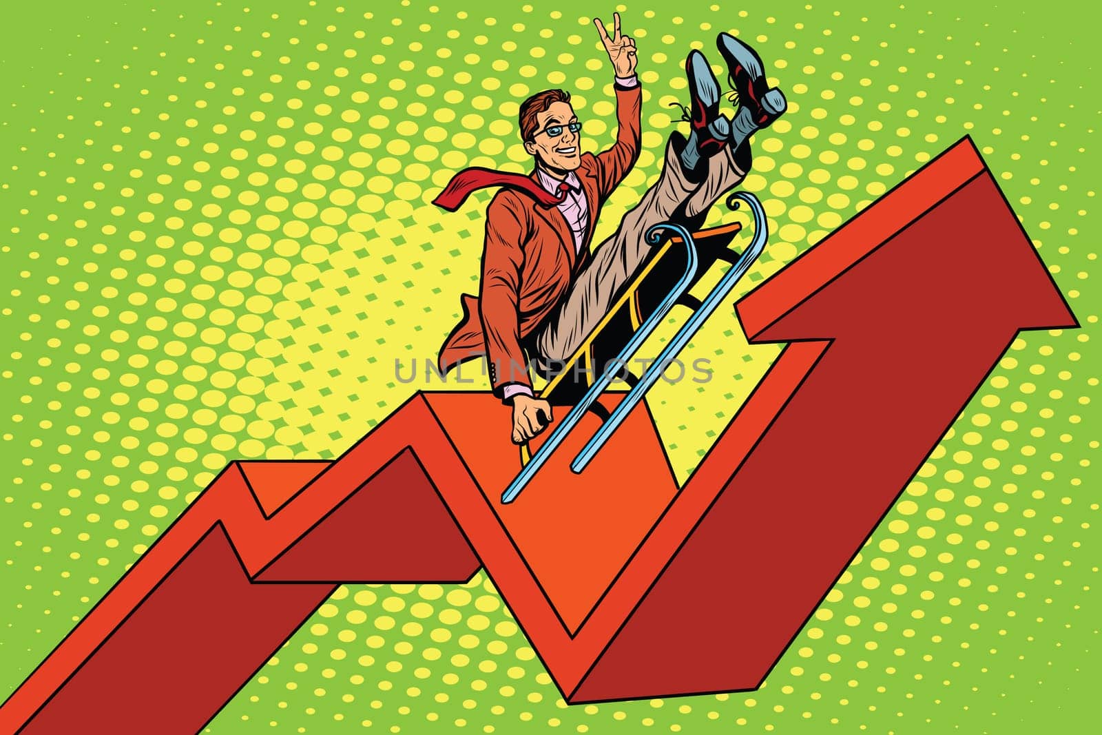 Businessman on a sled, up arrow chart sales, pop art retro vector illustration