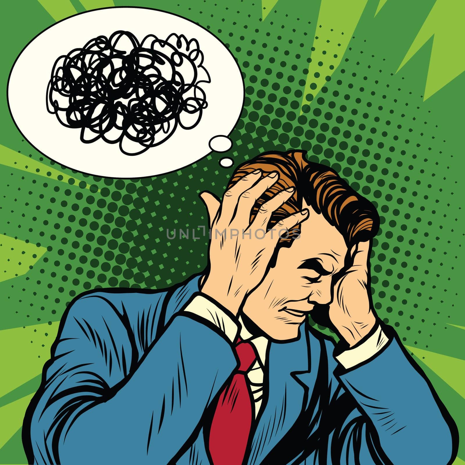 Male headache confused, pop art retro vector illustration. Psychology and brain disease