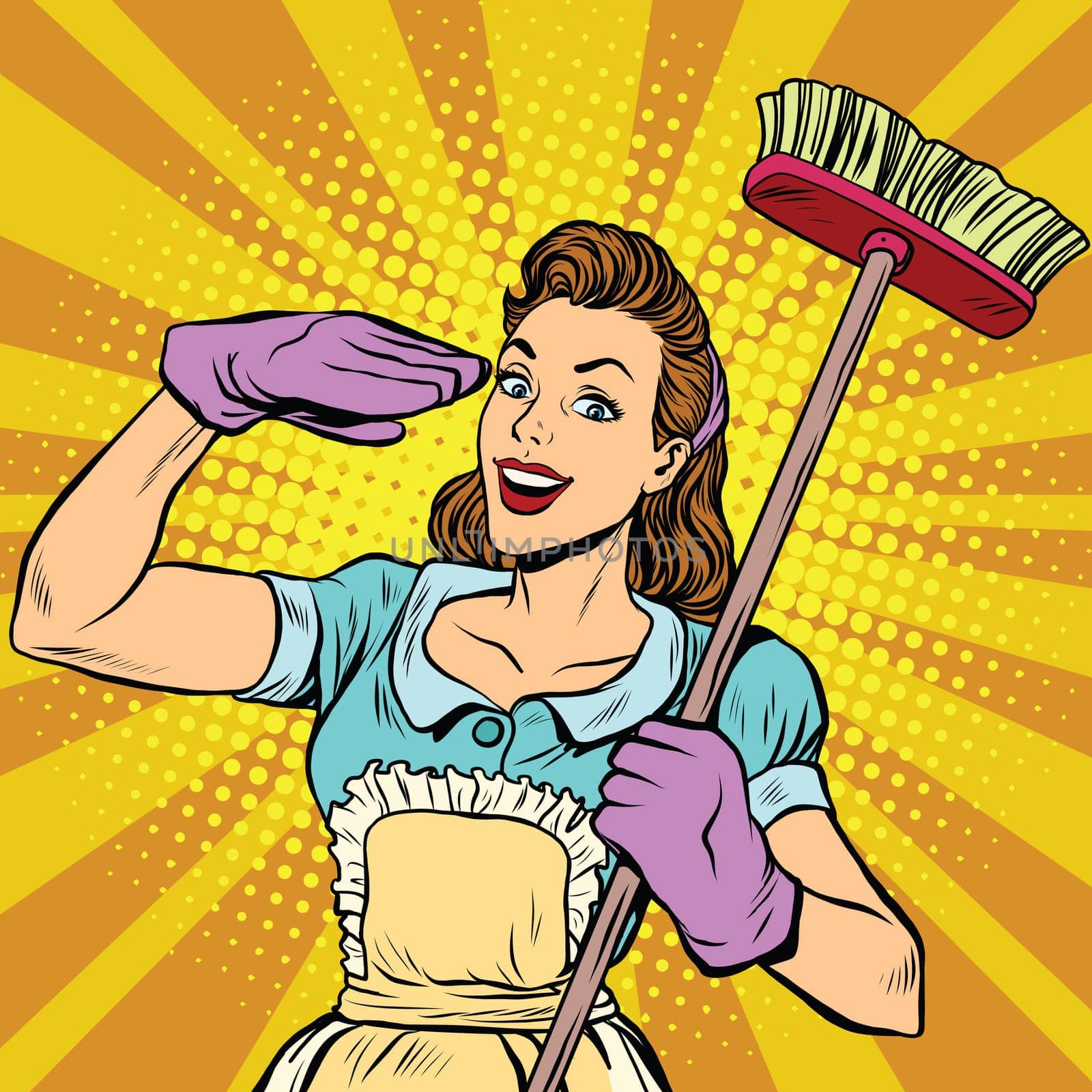 Female cleaner cleaning company pop art, vector illustration. Housewife in retro style