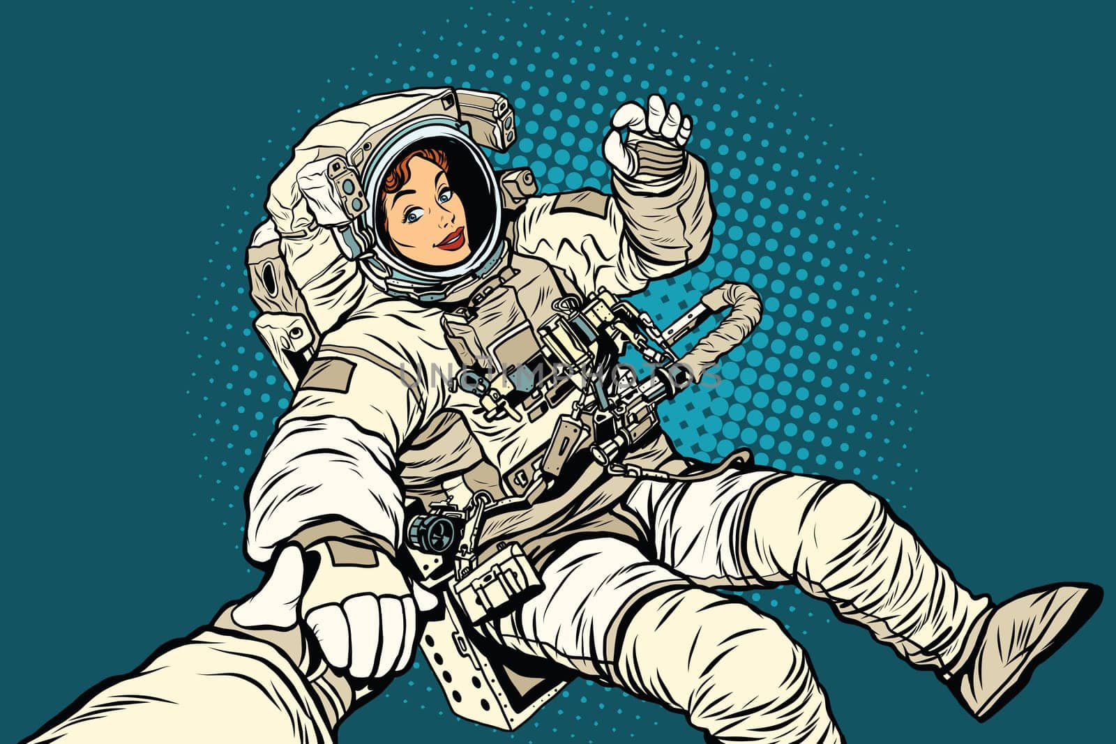 follow me, woman astronaut, pop art retro vector illustration. Open space, the man in the suit
