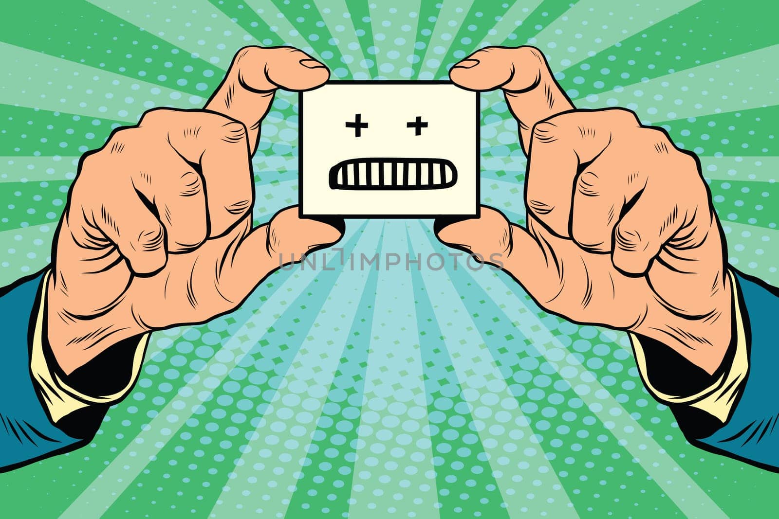 anger Smiley face in hands, pop art retro vector illustration