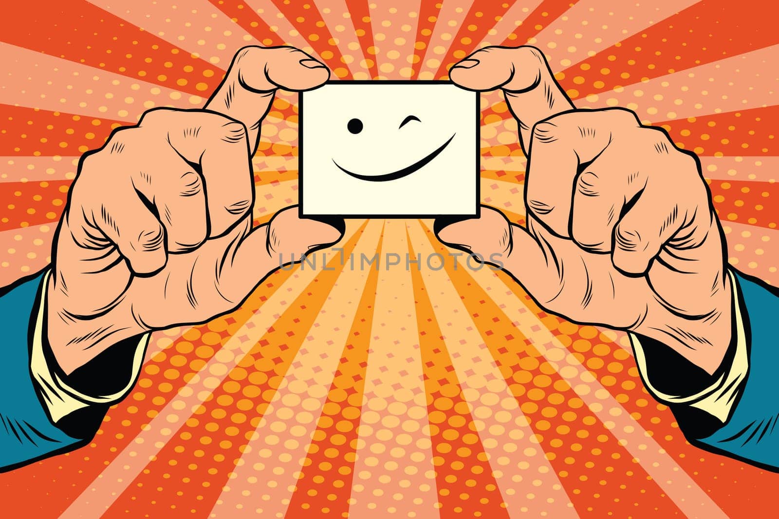 wink Smiley face in hands, pop art retro vector illustration